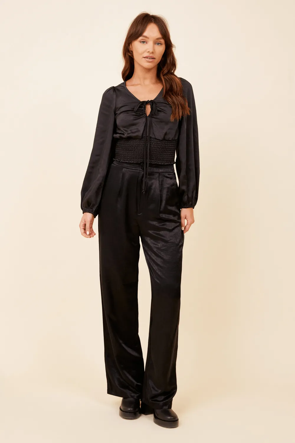 Black Heavy Satin Criss Cross Blouse