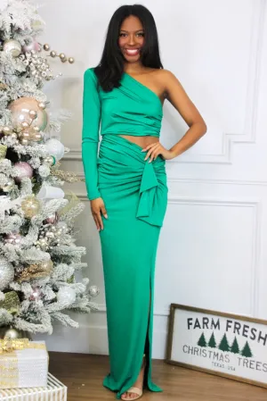 Bonnie Cutout One Shoulder Ruffle Maxi Dress: Green