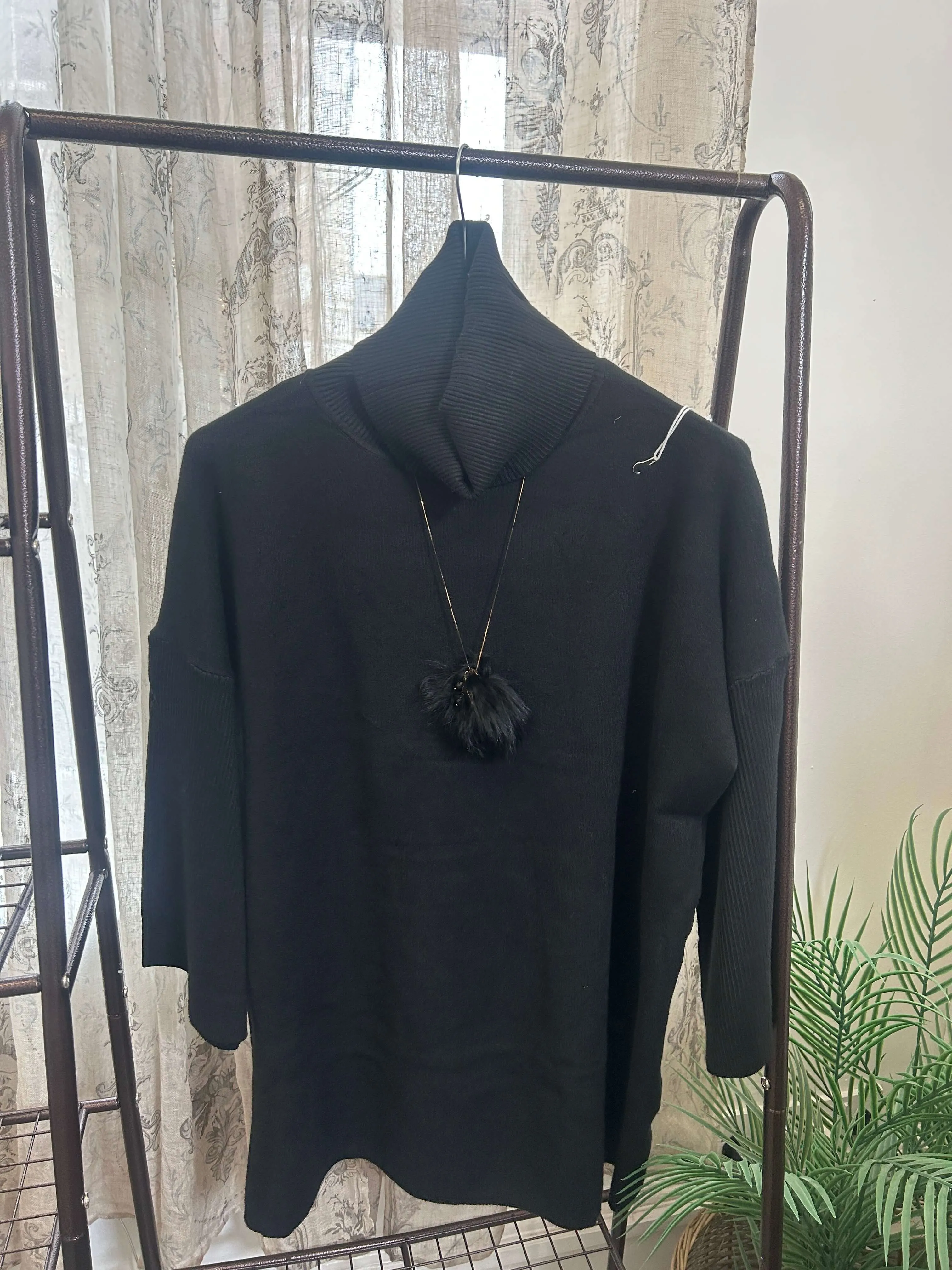 Boxy Cowl Neck Jumper with Pom Pom Necklace