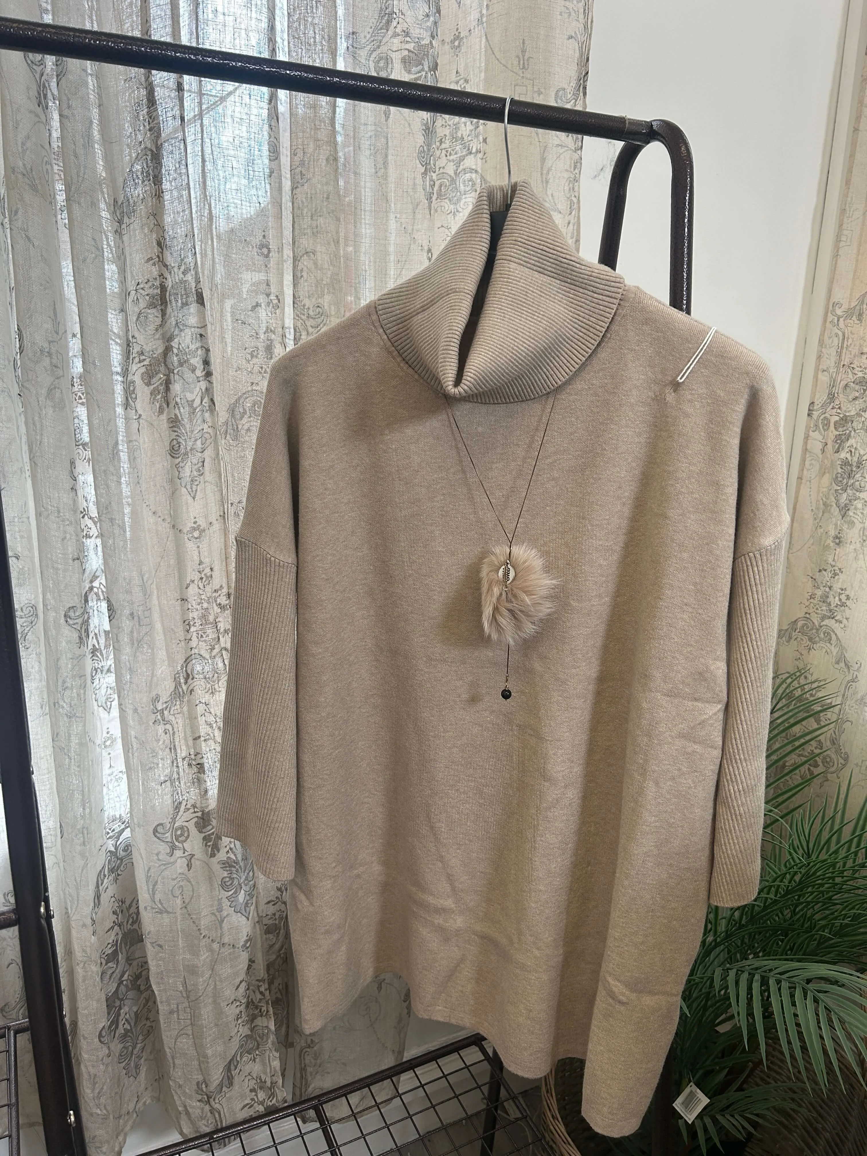 Boxy Cowl Neck Jumper with Pom Pom Necklace