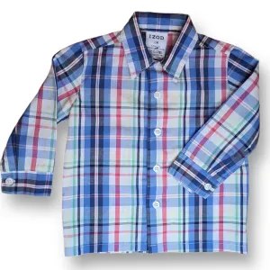 Boys Izod Size 12 Months Blue Plaid Button Down Dress Shirt
