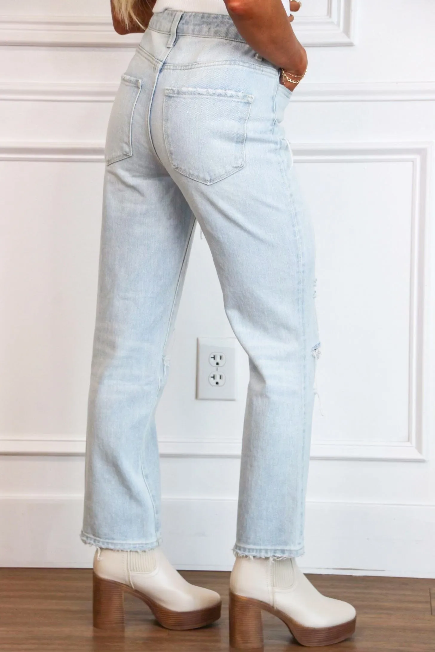 Dalton Distressed High Rise Straight Denim: Light Wash