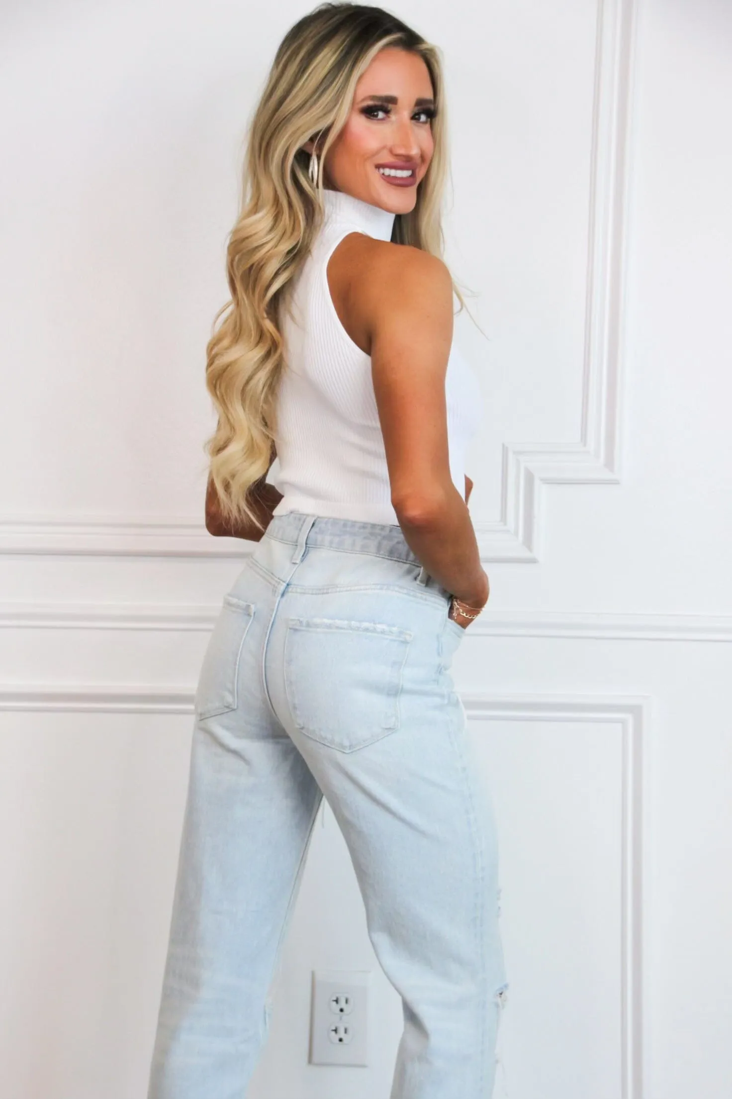 Dalton Distressed High Rise Straight Denim: Light Wash