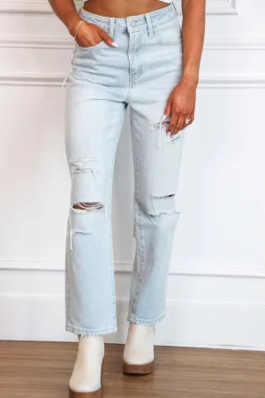 Dalton Distressed High Rise Straight Denim: Light Wash