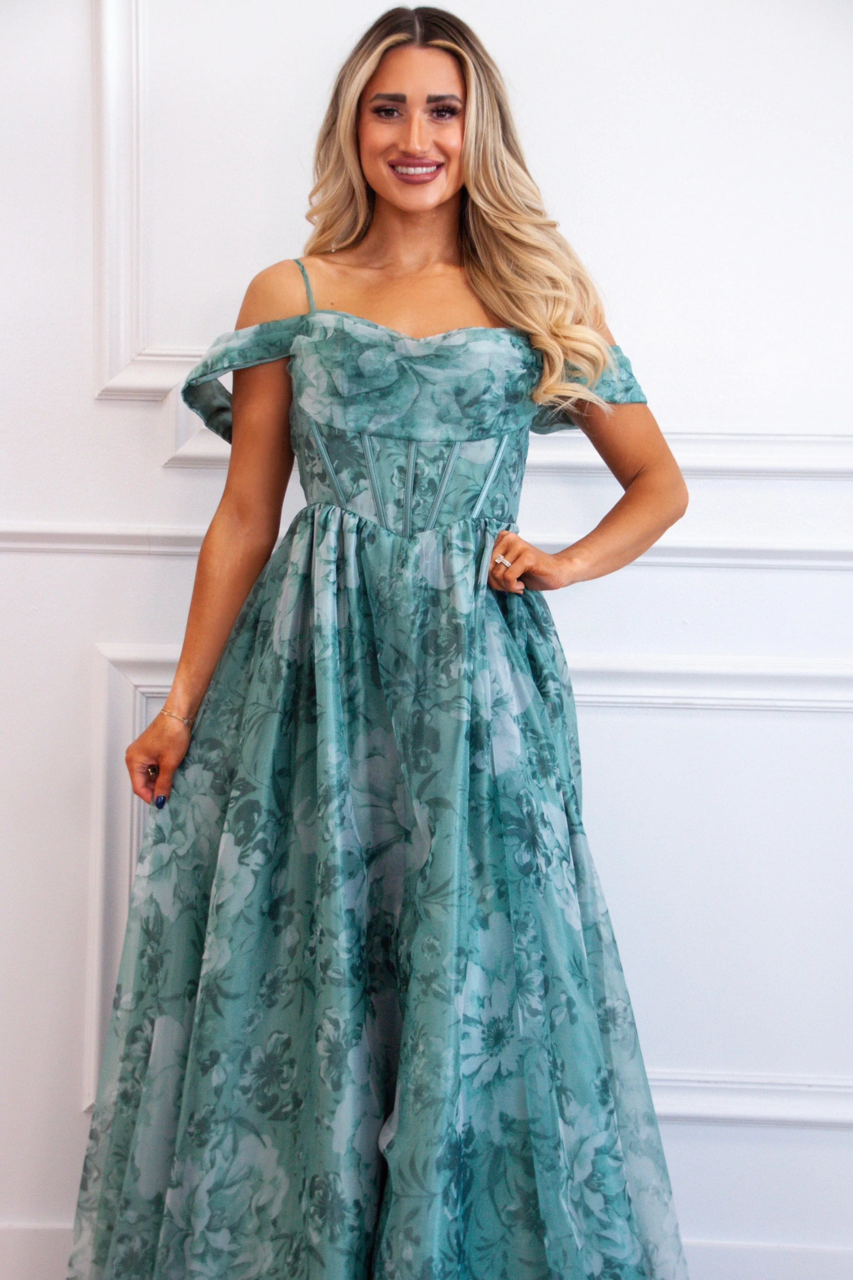 Garden Wedding Organza Off Shoulder Floral Maxi Dress: Sage