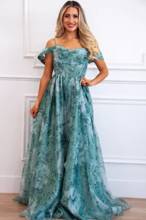 Garden Wedding Organza Off Shoulder Floral Maxi Dress: Sage