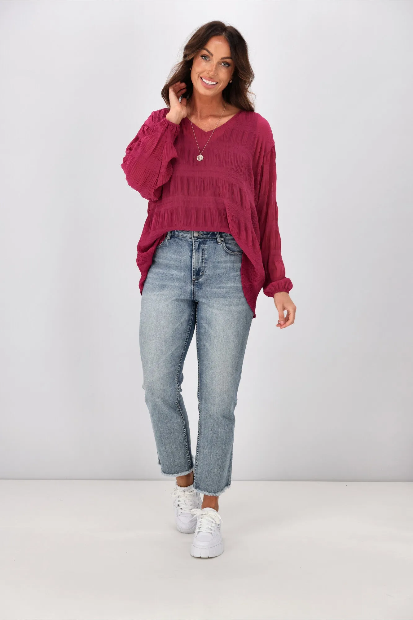 Gloss by Shine On Gemma V Neck Textured Top Cerise Pink