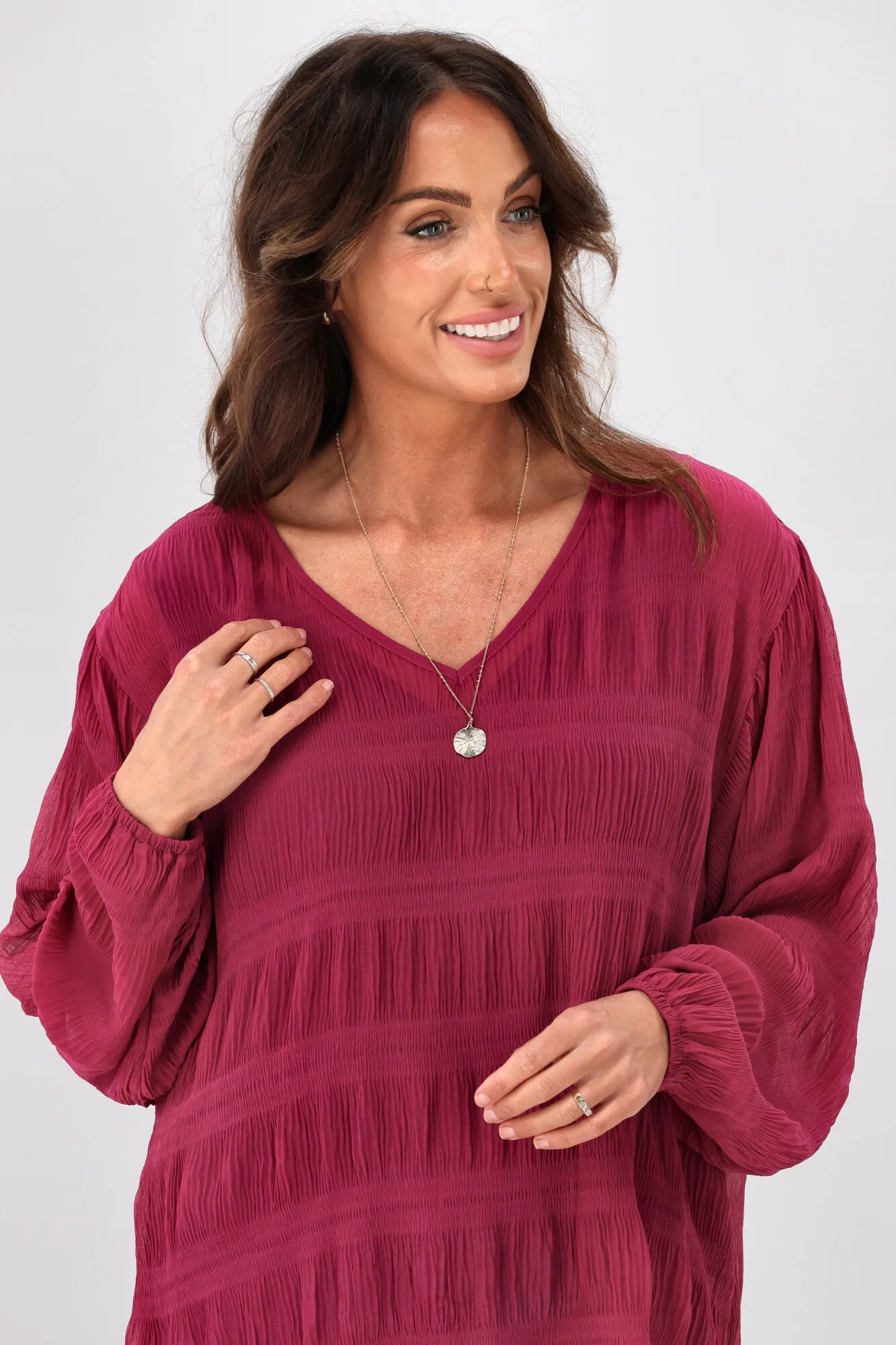 Gloss by Shine On Gemma V Neck Textured Top Cerise Pink