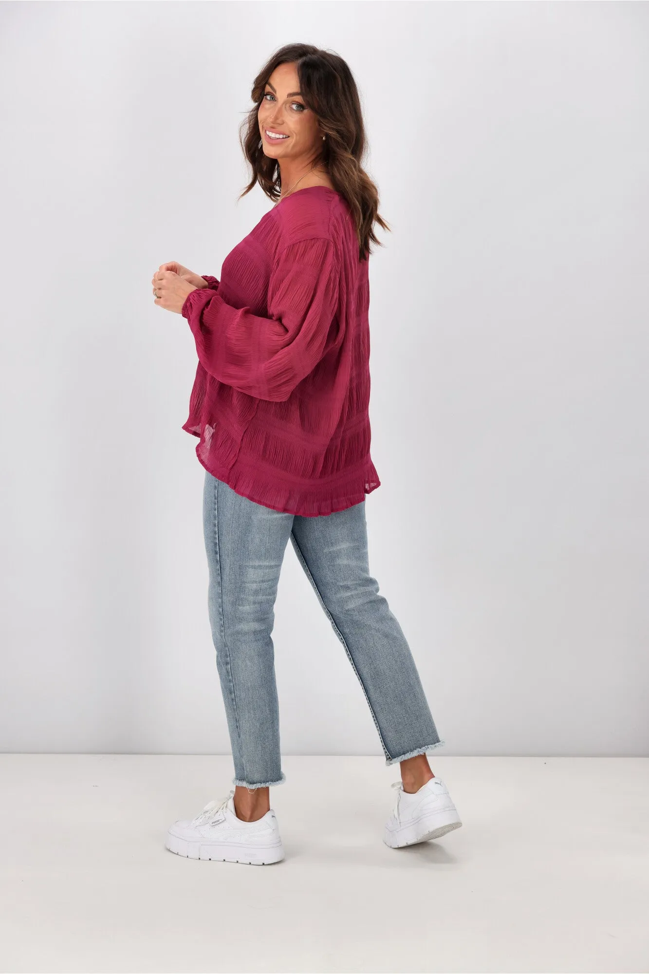 Gloss by Shine On Gemma V Neck Textured Top Cerise Pink