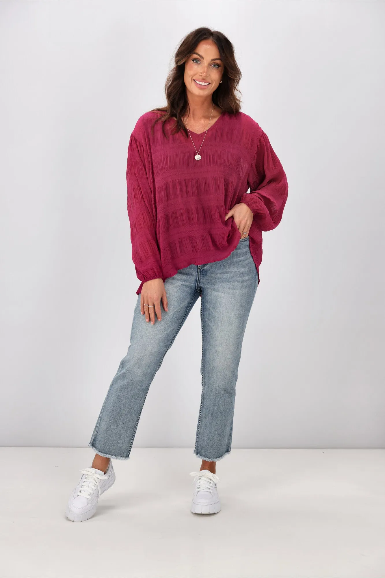 Gloss by Shine On Gemma V Neck Textured Top Cerise Pink