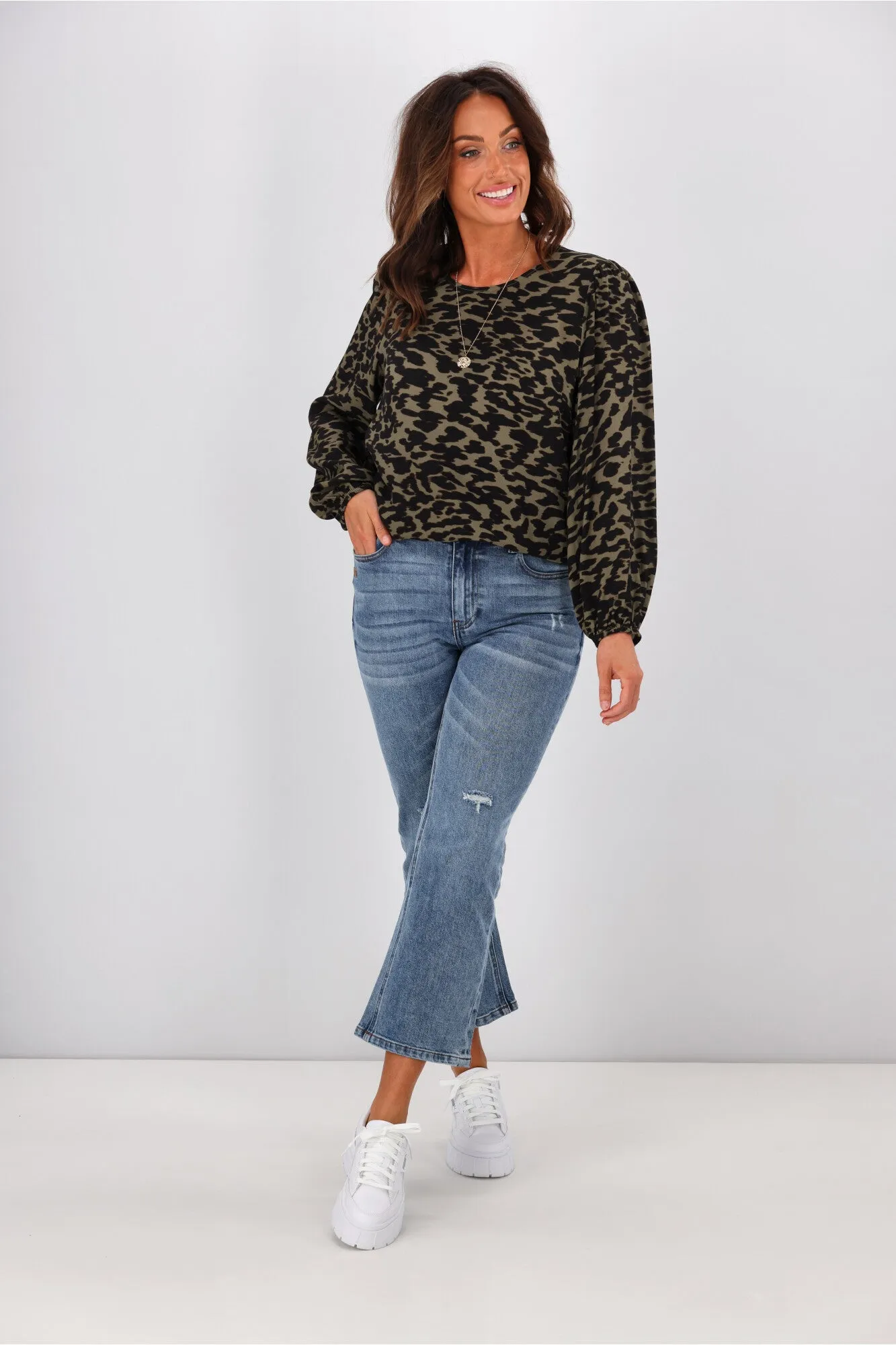 Gloss by Shine On Justine Elasticated Sleeve Top Olive Animal