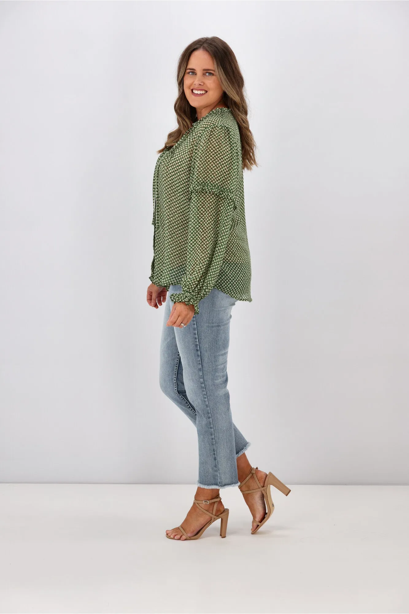 Gloss By Shine On Mia Pintuck Blouse Green Grid Print