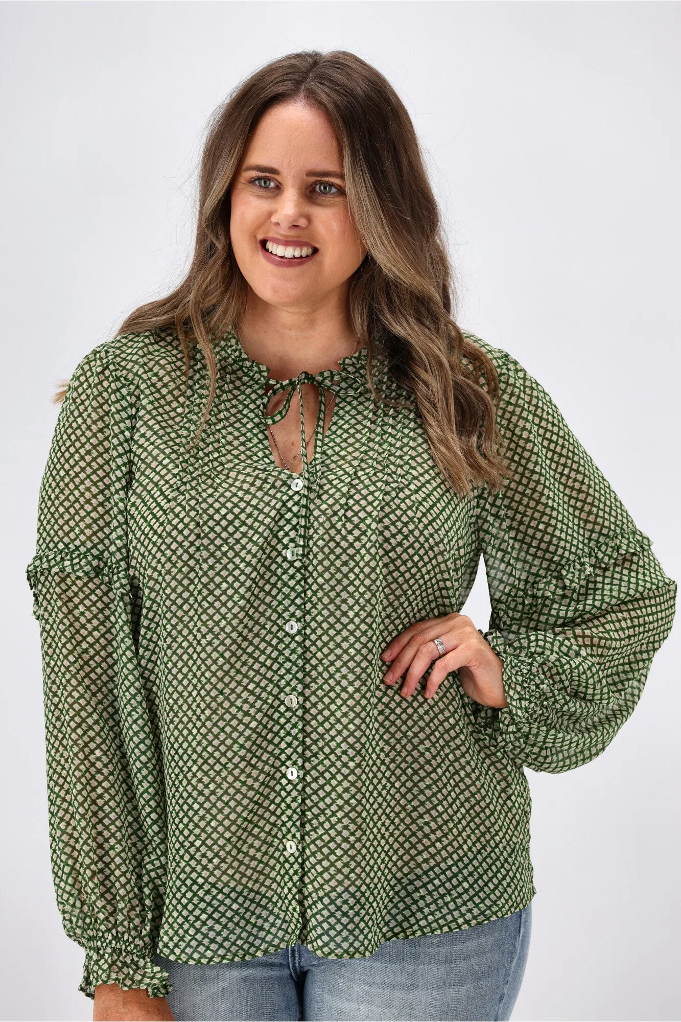 Gloss By Shine On Mia Pintuck Blouse Green Grid Print