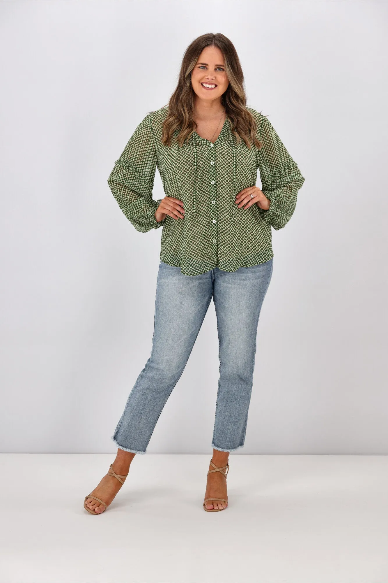 Gloss By Shine On Mia Pintuck Blouse Green Grid Print