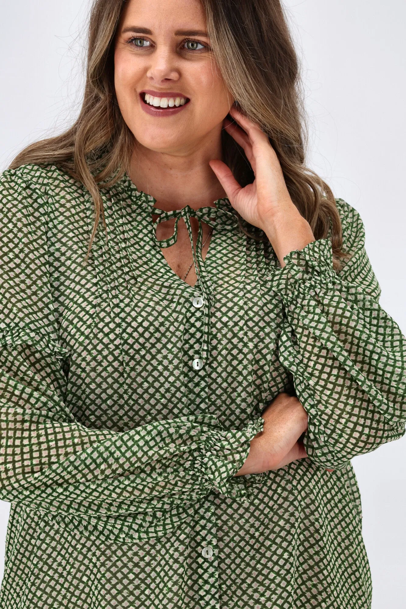 Gloss By Shine On Mia Pintuck Blouse Green Grid Print