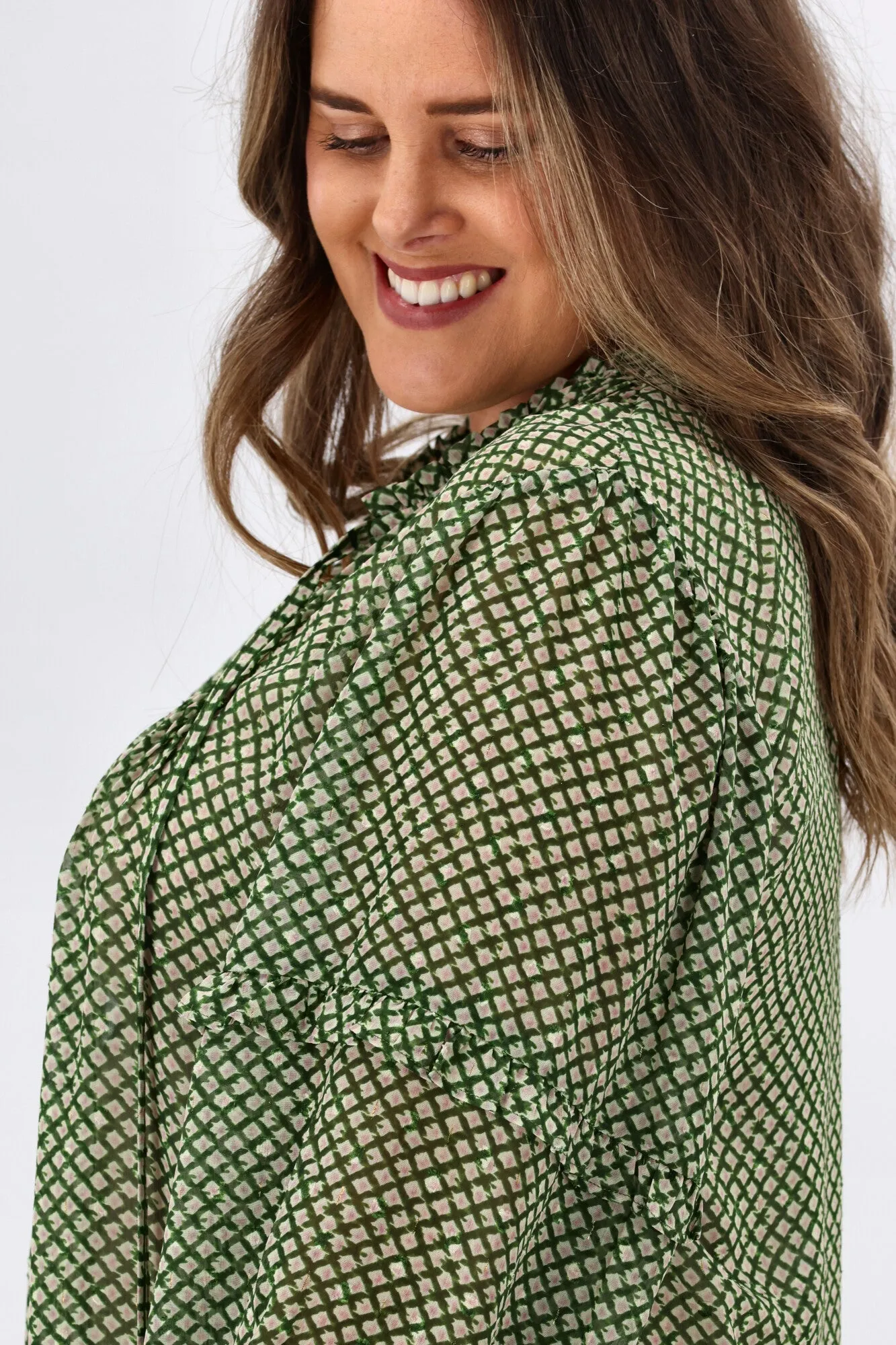 Gloss By Shine On Mia Pintuck Blouse Green Grid Print