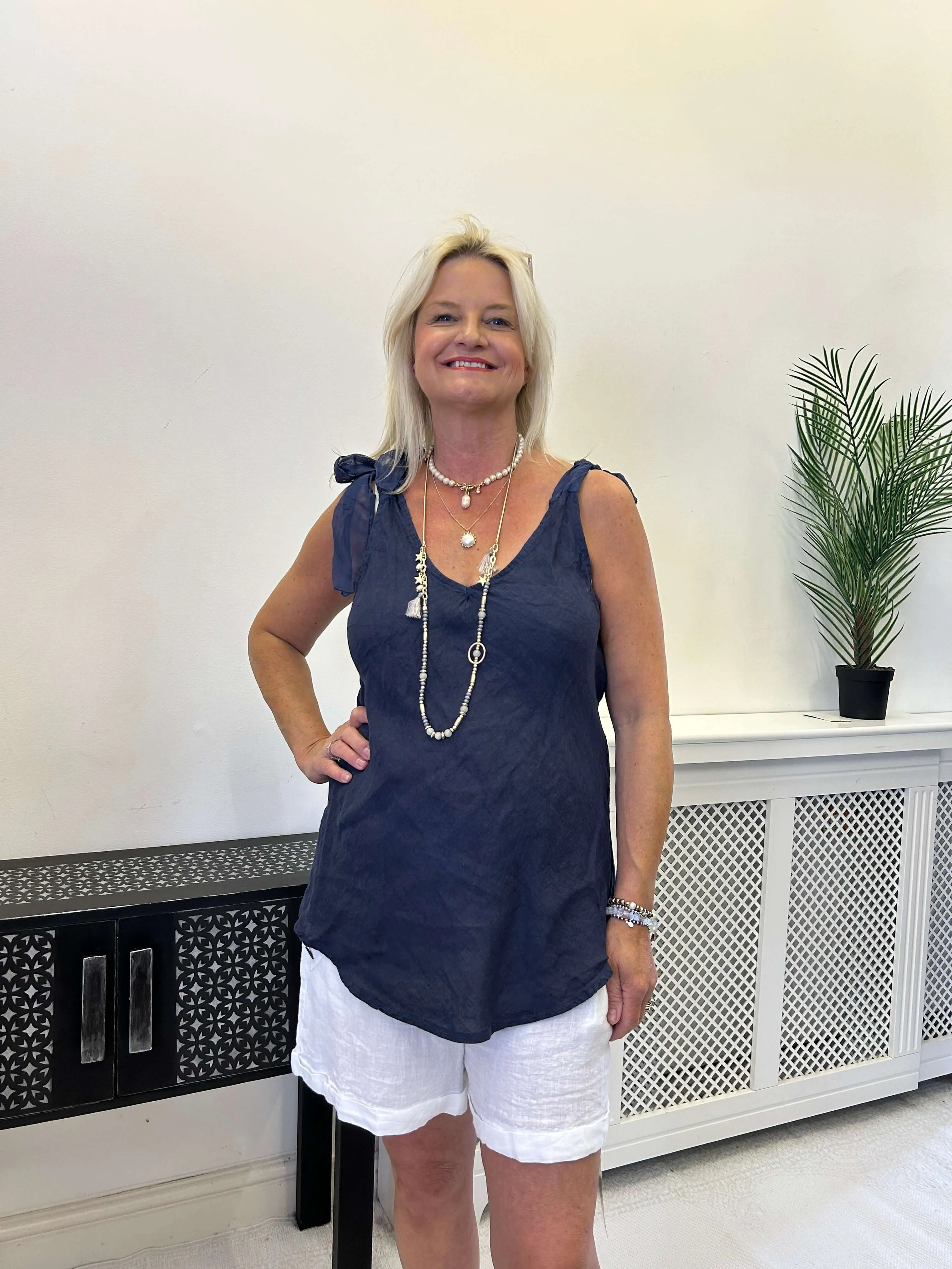 Handkerchief Hem Cotton Vest Top with Silky Tie Straps