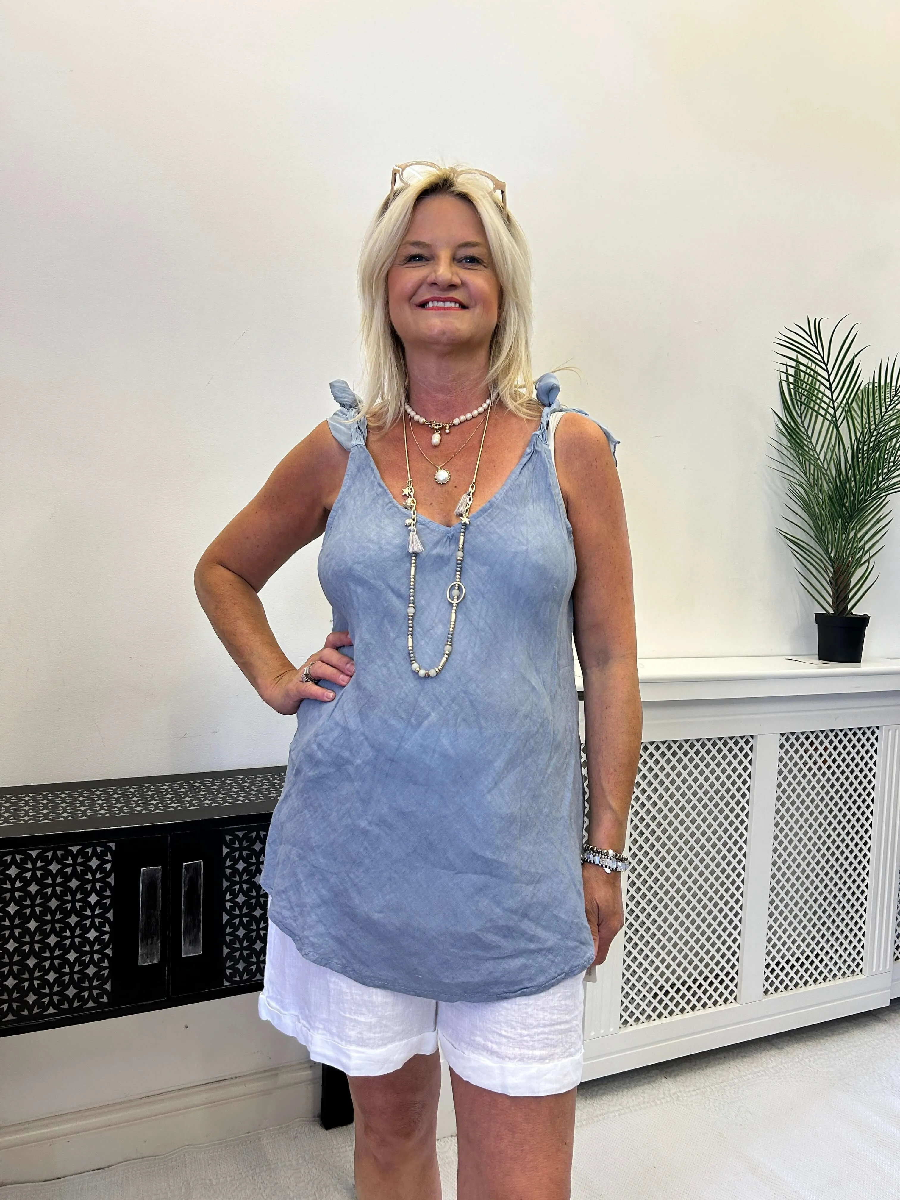 Handkerchief Hem Cotton Vest Top with Silky Tie Straps