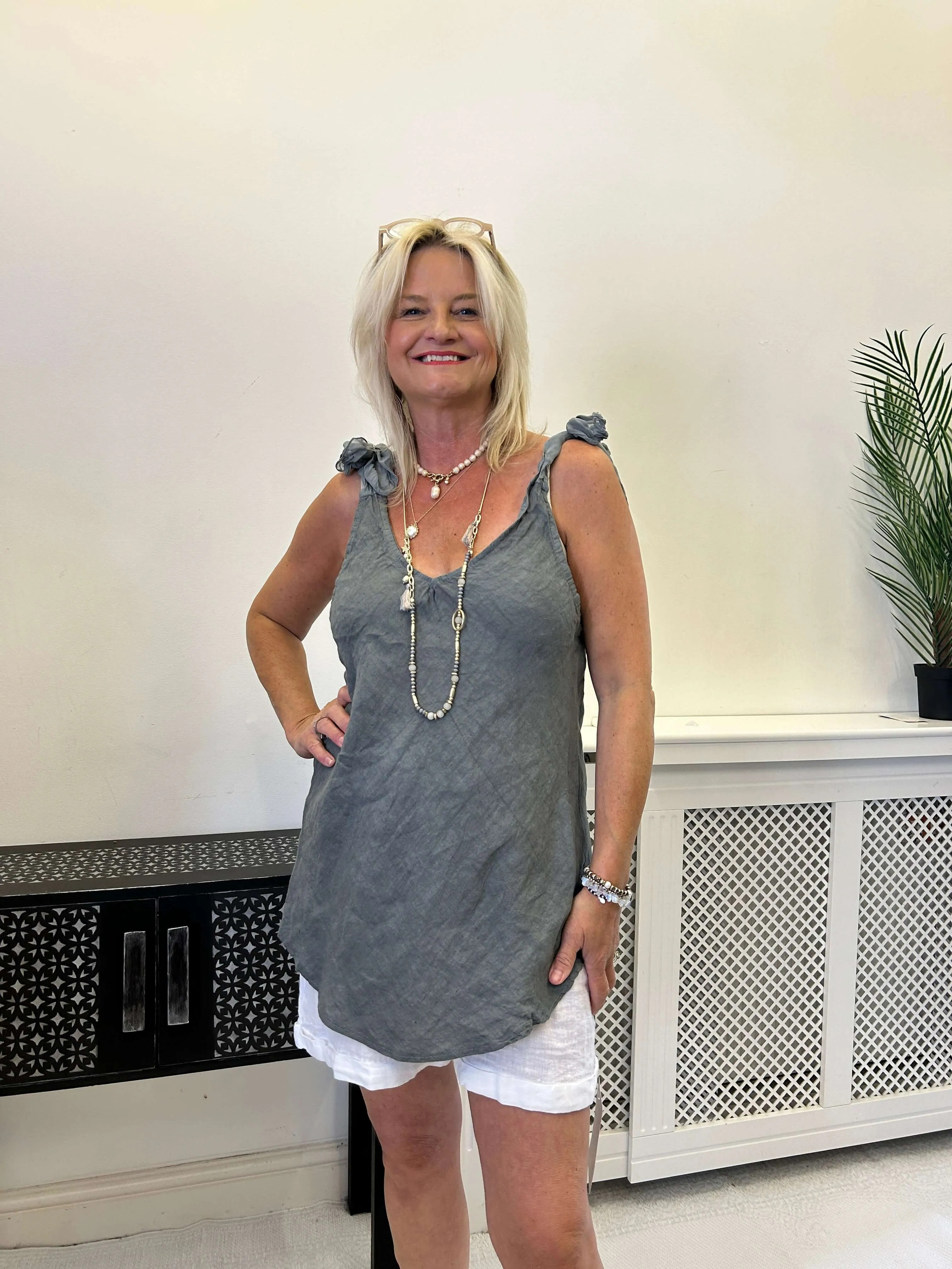 Handkerchief Hem Cotton Vest Top with Silky Tie Straps