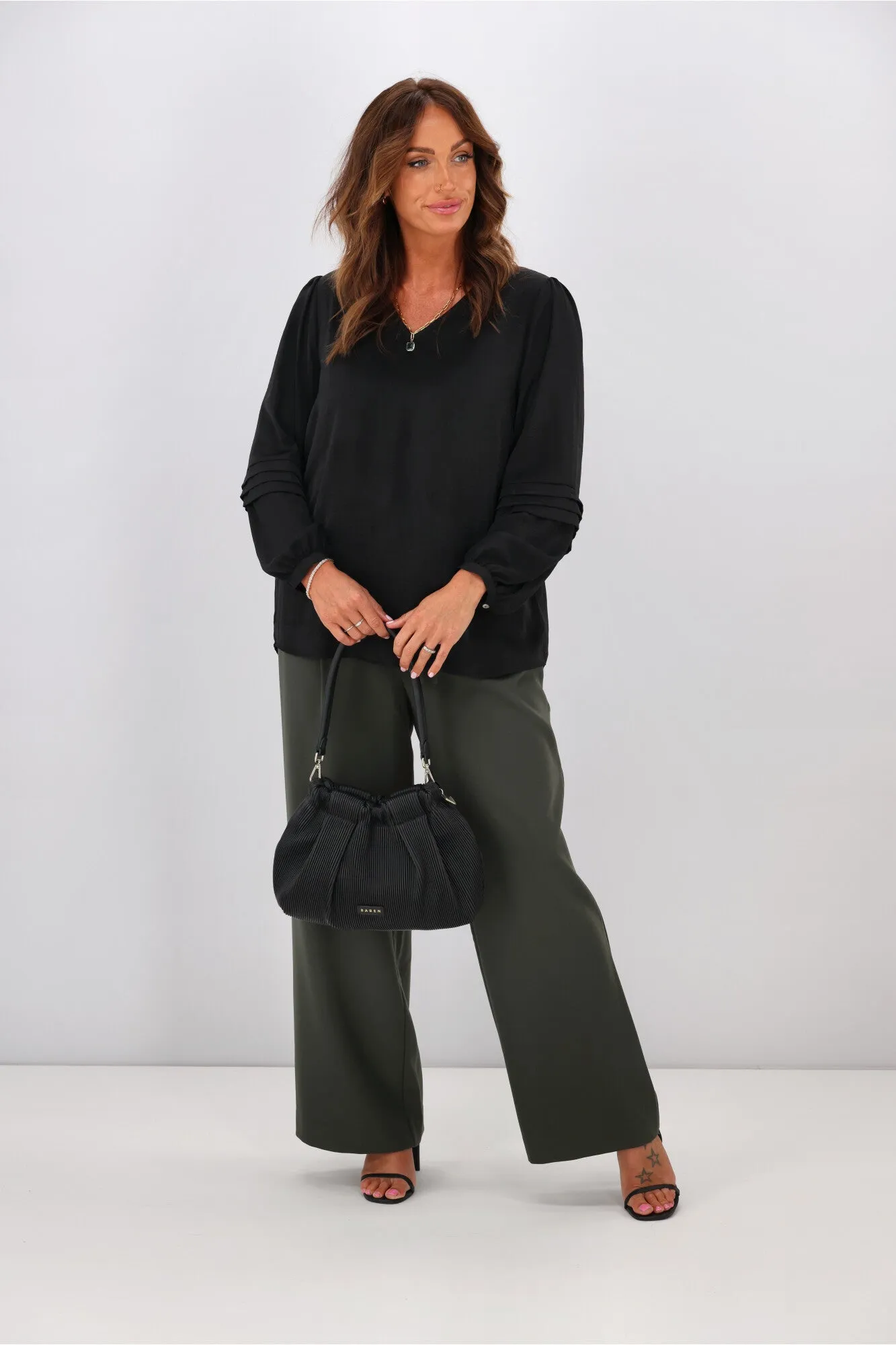 Jane James Cilla Tuck Sleeve Blouse Black