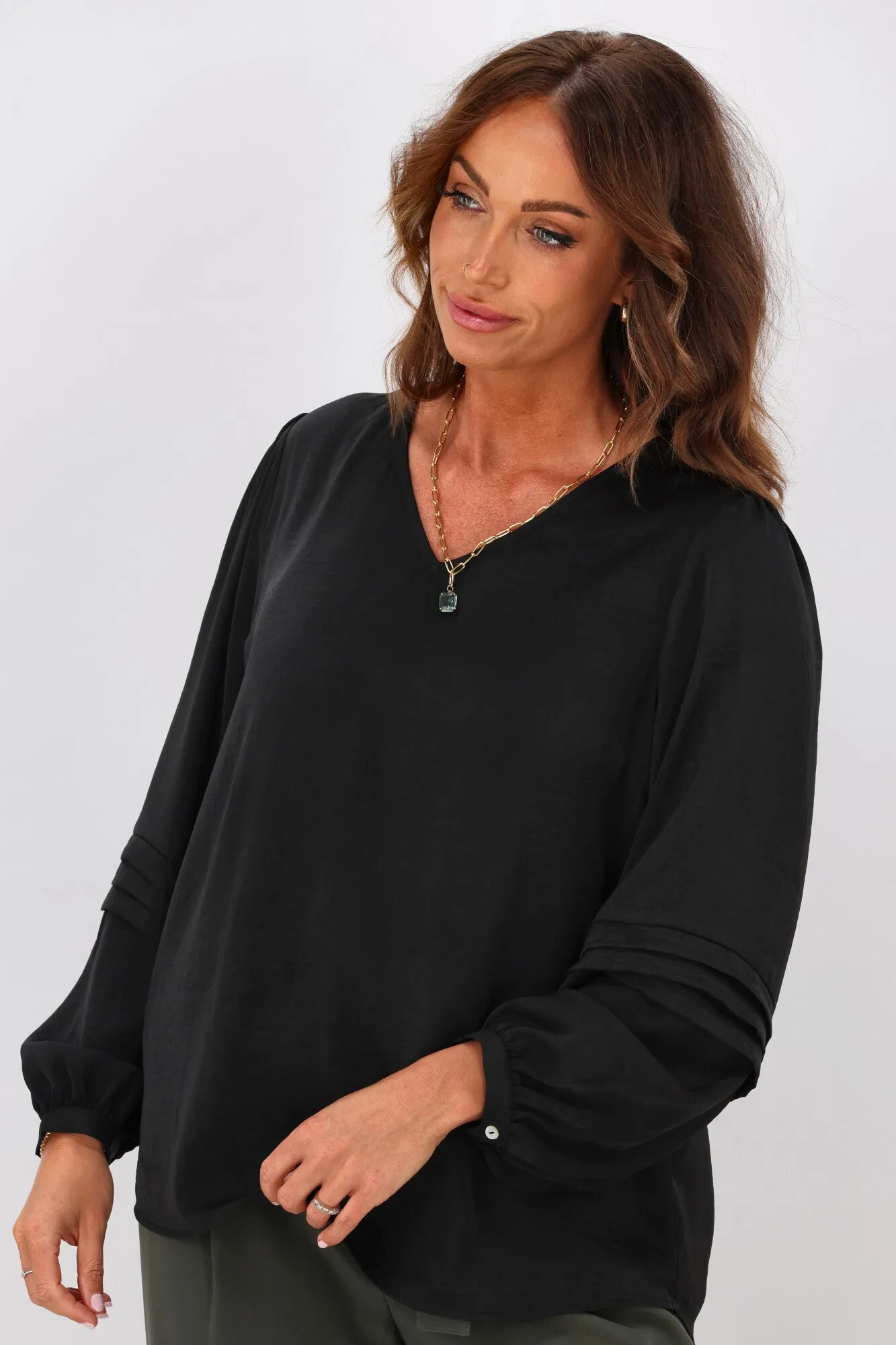 Jane James Cilla Tuck Sleeve Blouse Black