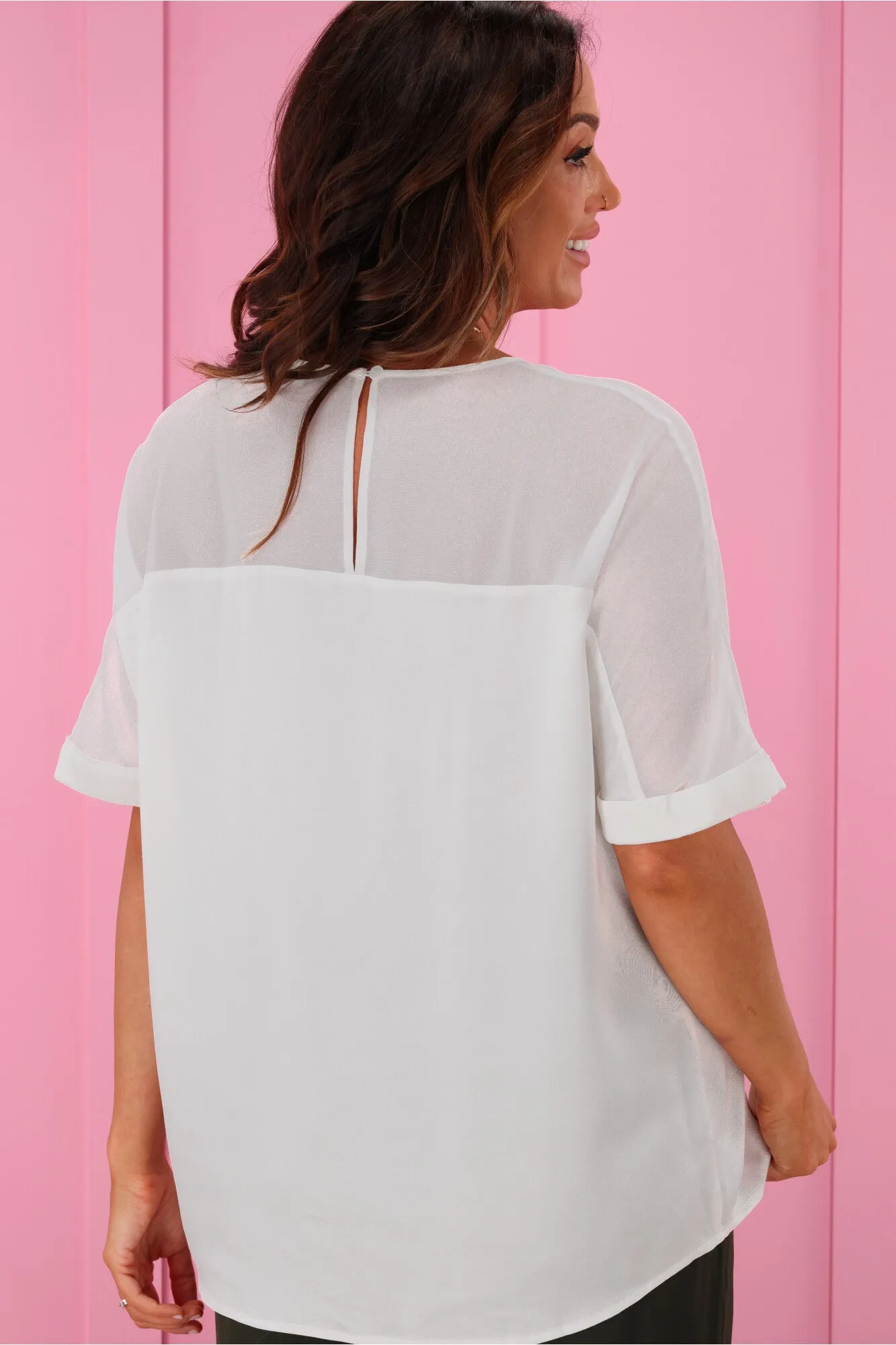 Jane James Tinsley Sheer Yoke Satin Top Ivory