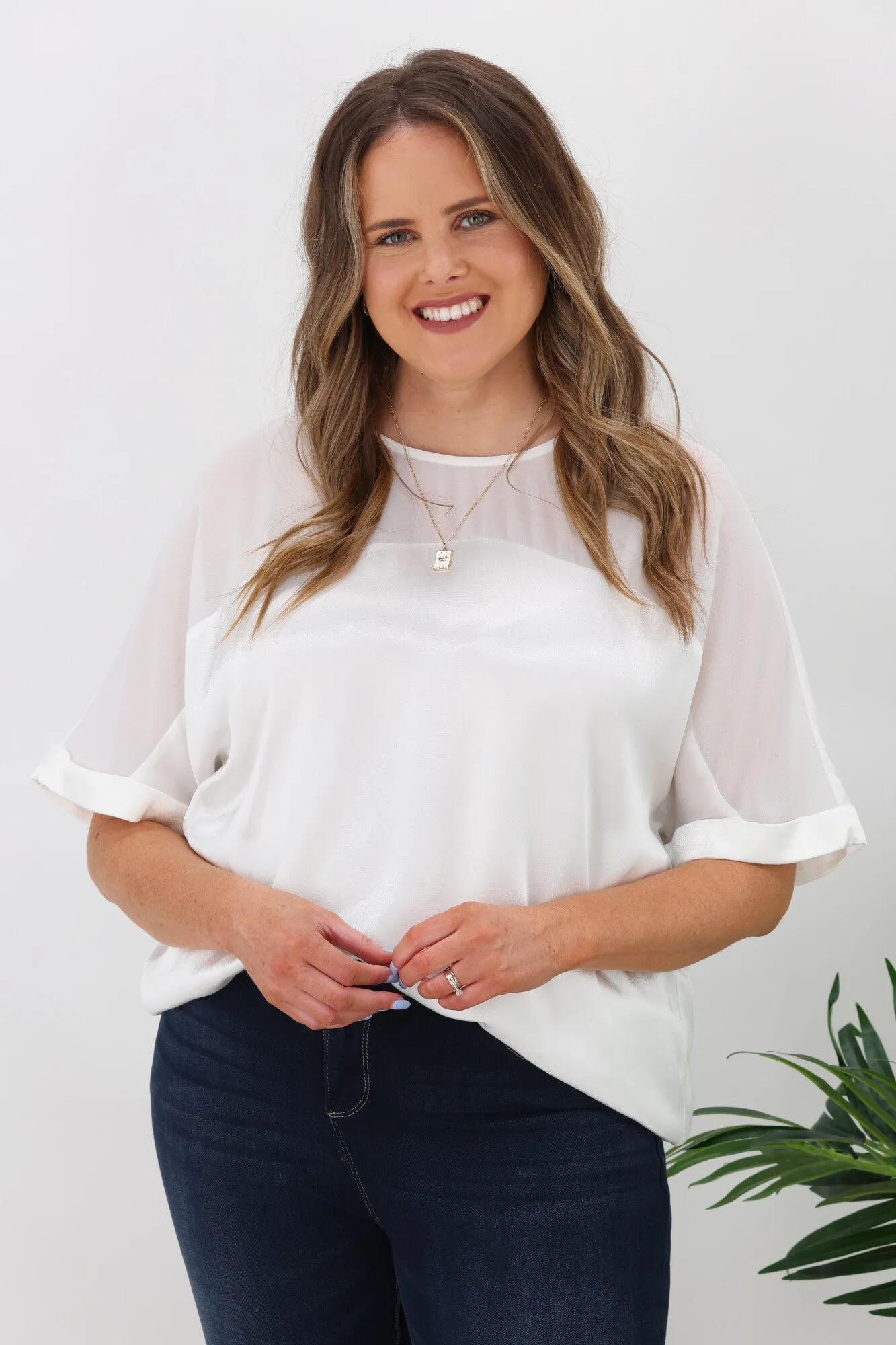 Jane James Tinsley Sheer Yoke Satin Top Ivory