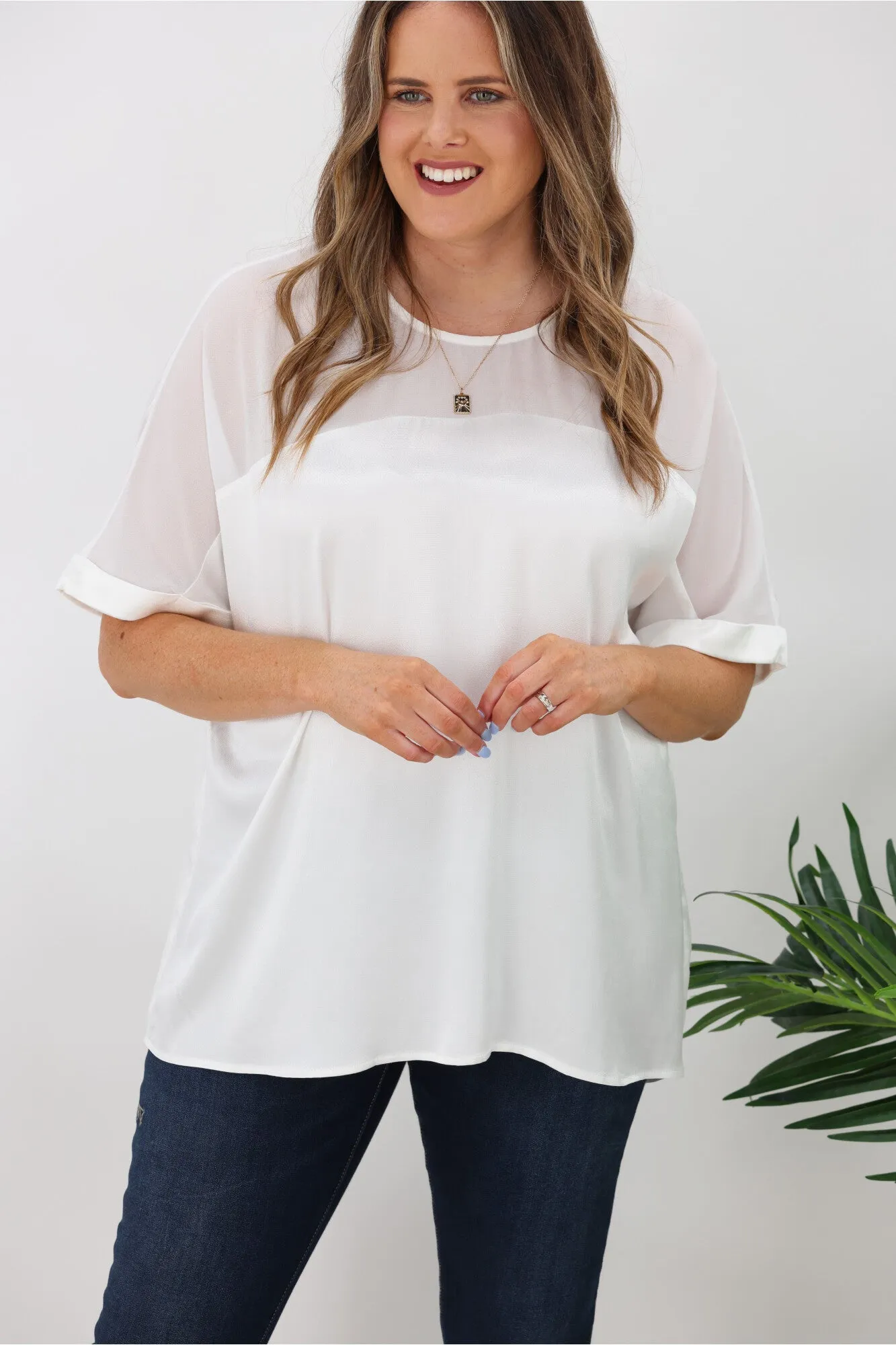 Jane James Tinsley Sheer Yoke Satin Top Ivory