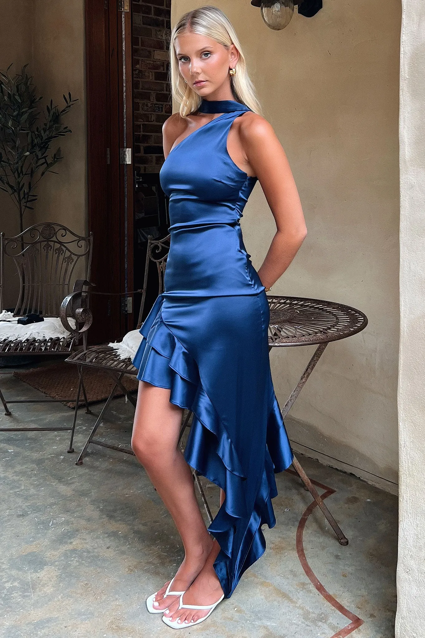 Kara One Shoulder Satin Maxi Dress - Navy