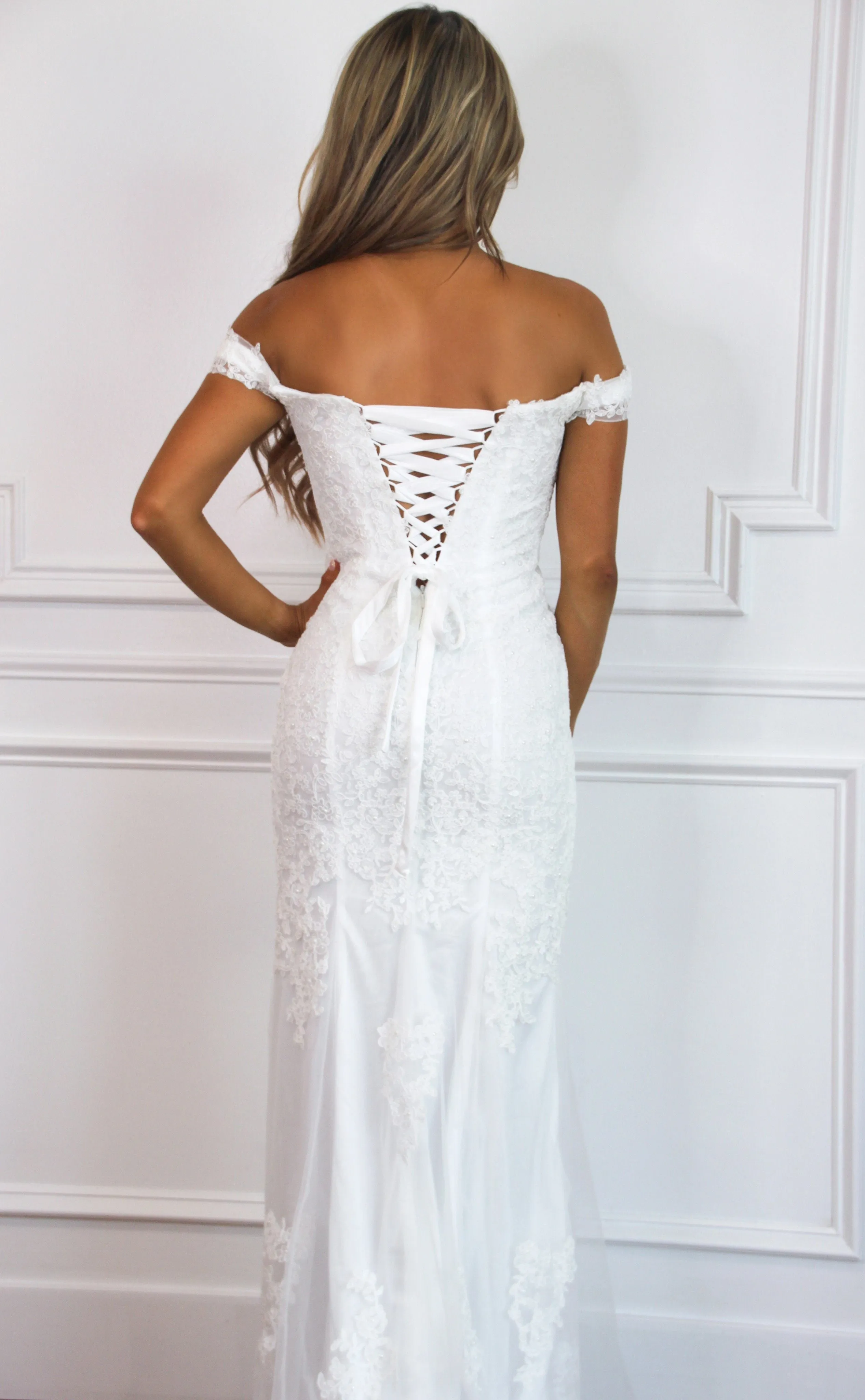 Laced in Love Off Shoulder Wedding Dress: White