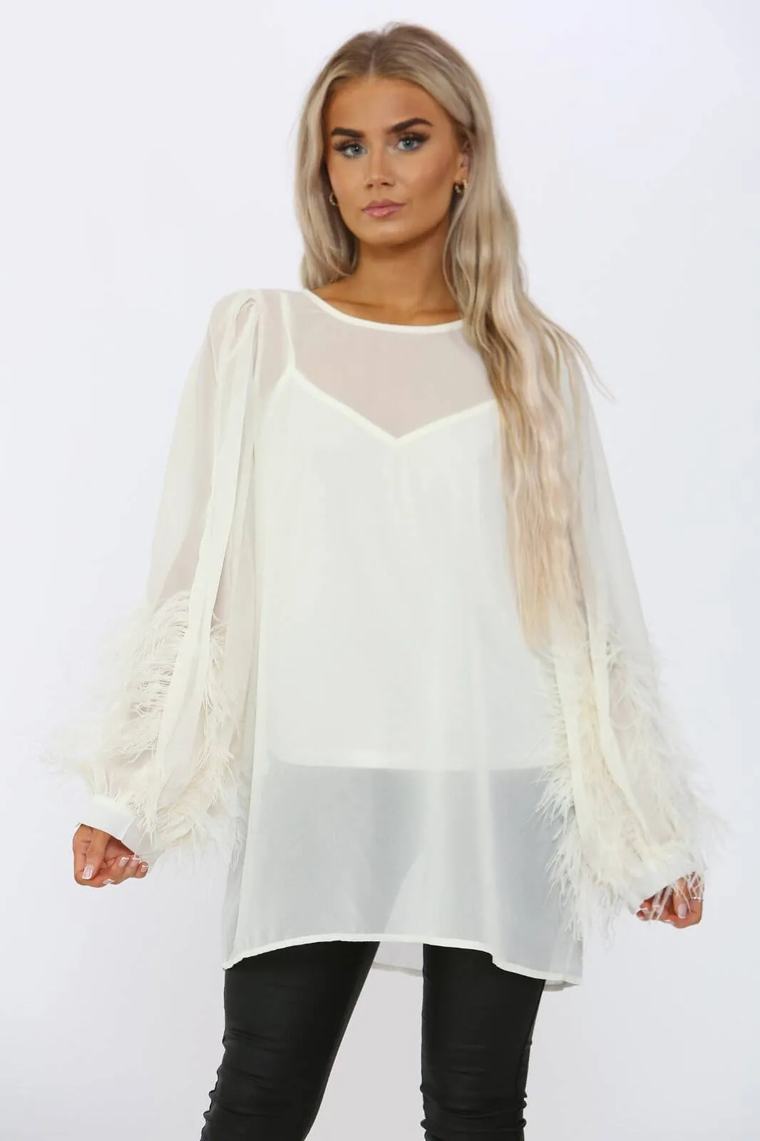 Ladies Feather Detail Chiffon Blouse