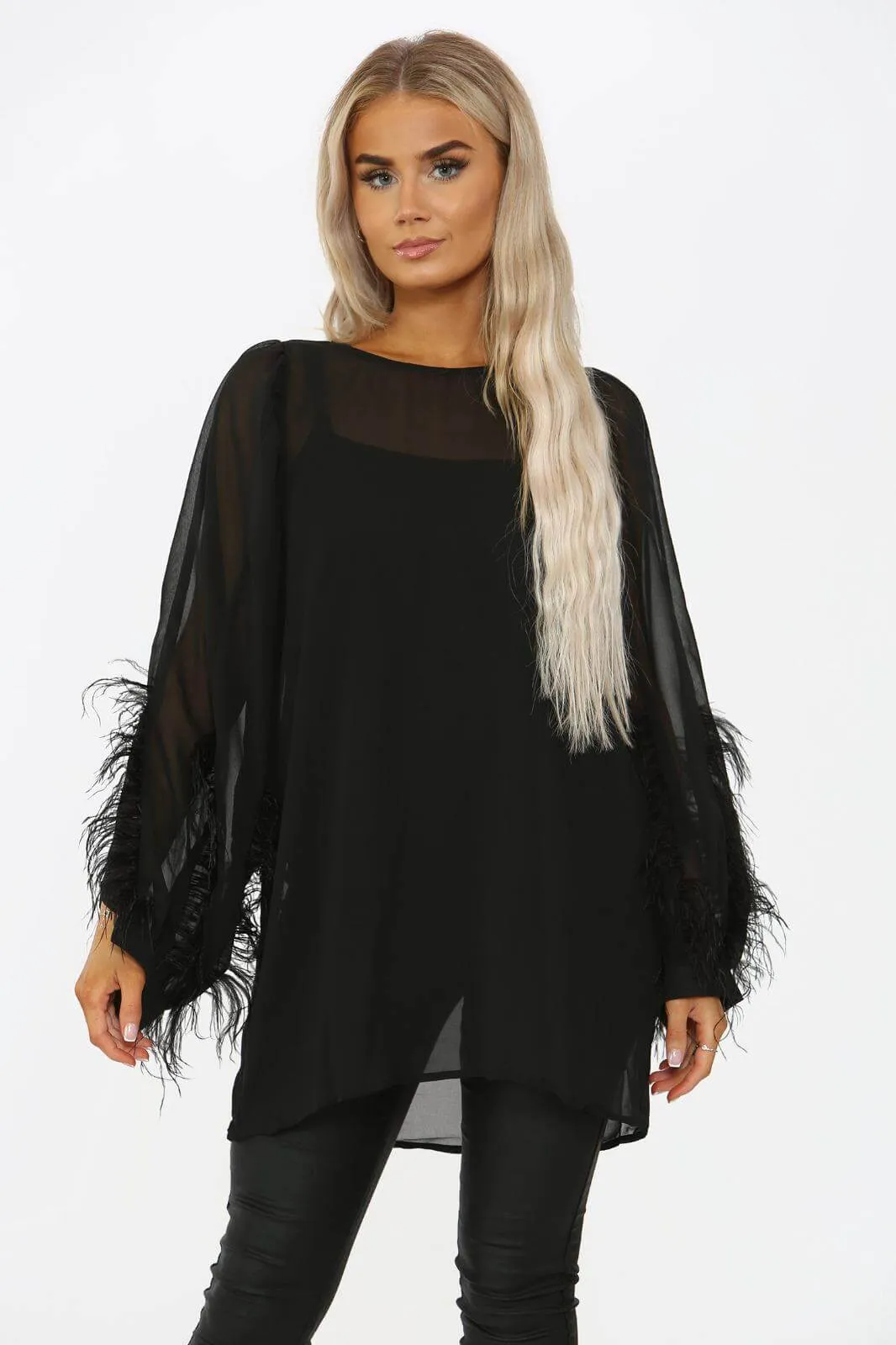 Ladies Feather Detail Chiffon Blouse