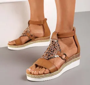 Ladies Metallic Detail Wedge Sandals - Tan
