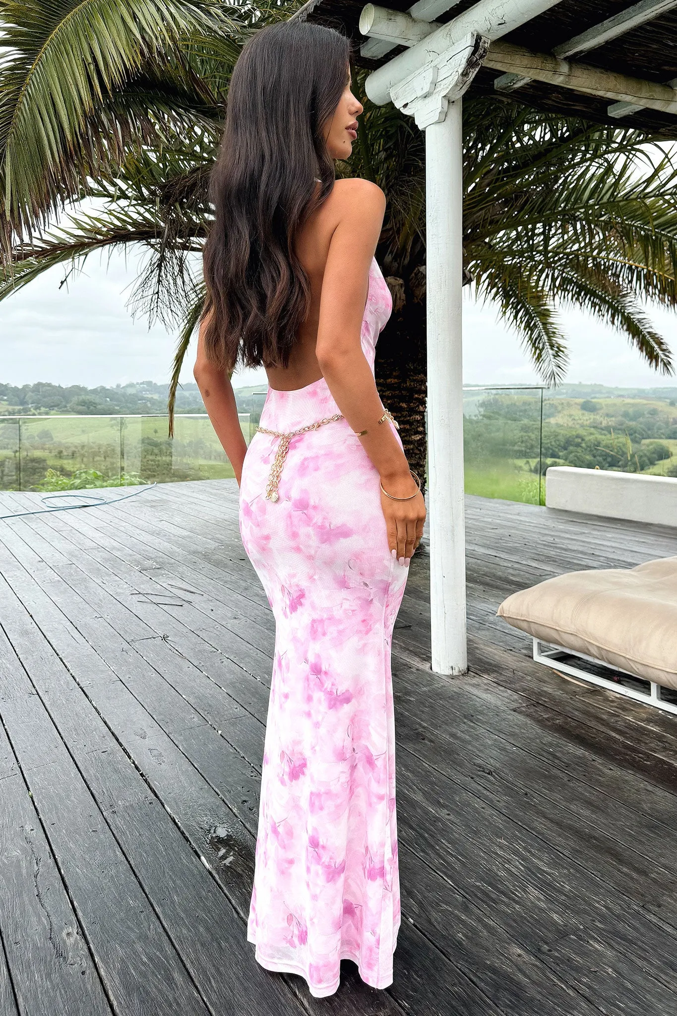 Lainey Cowl Neck Backless Maxi Dress - Pink Floral