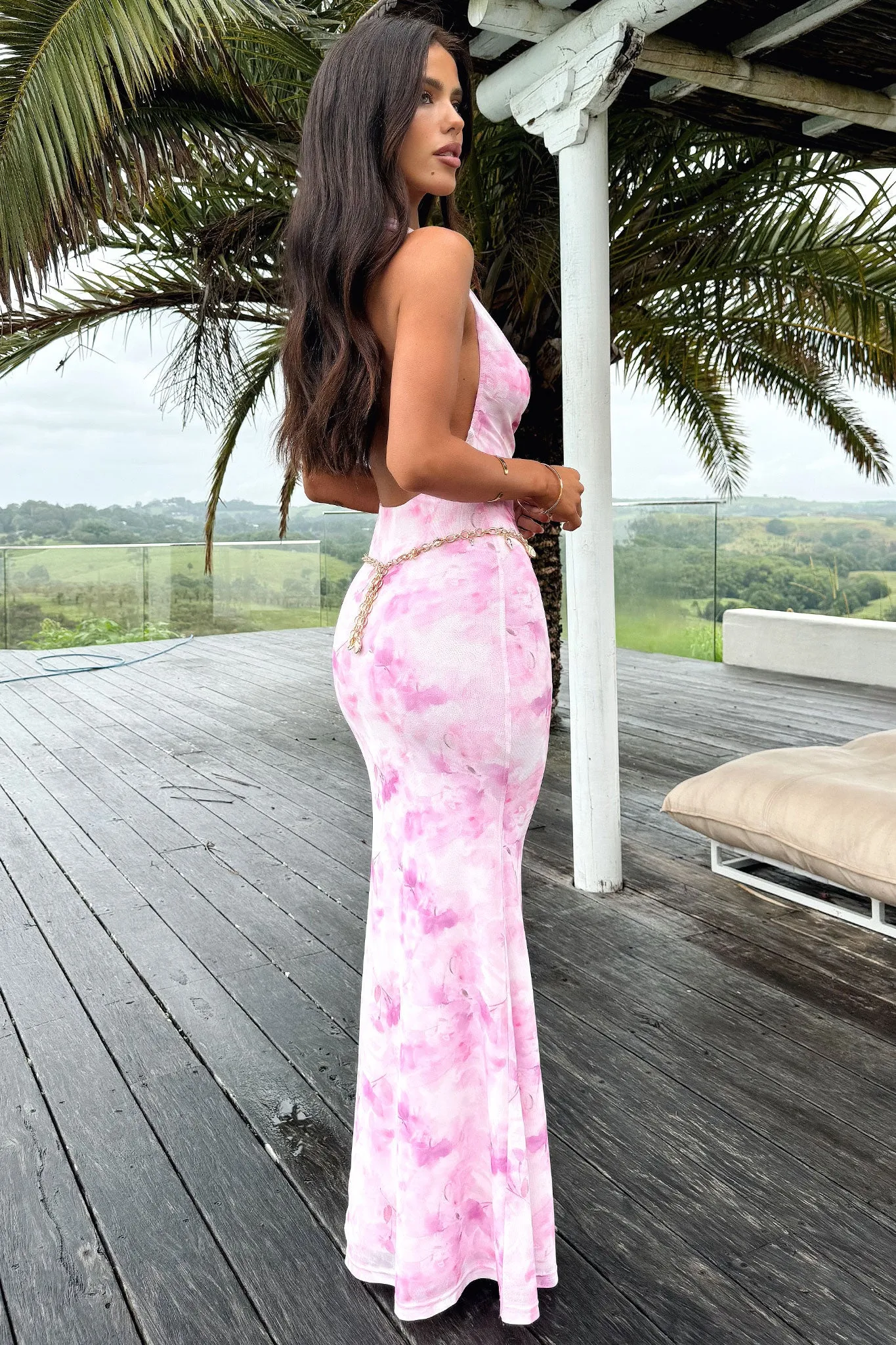 Lainey Cowl Neck Backless Maxi Dress - Pink Floral