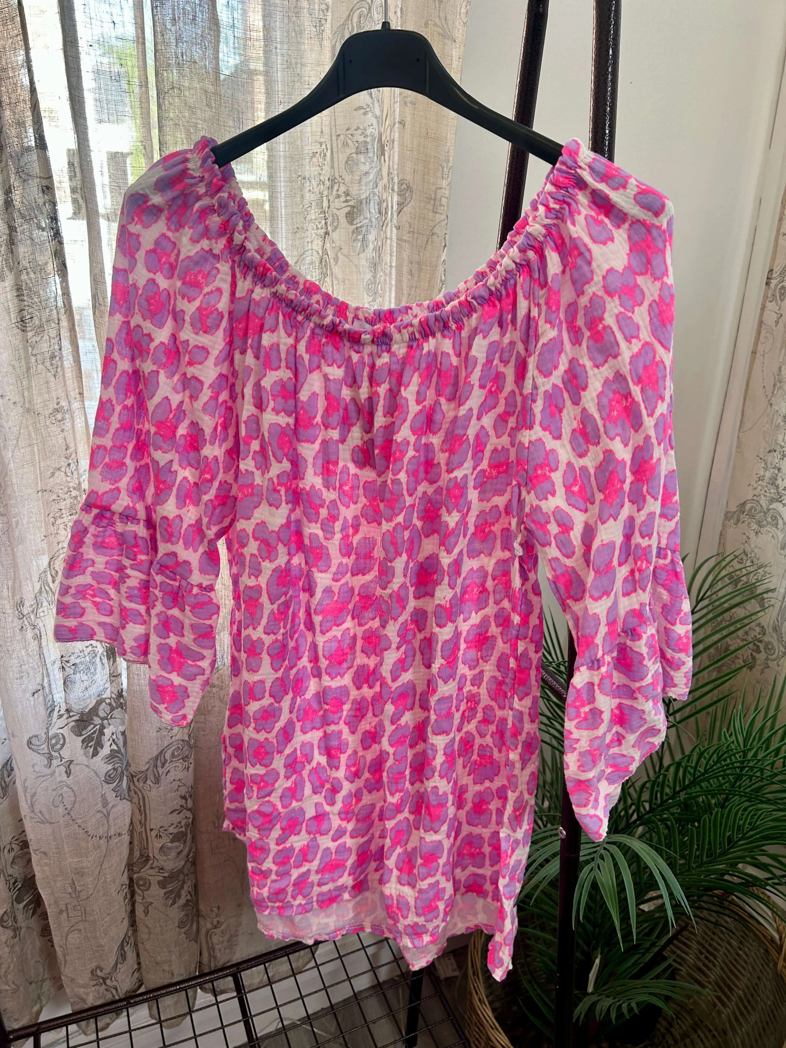 Leopard Print Cheesecloth Bardot Blouse