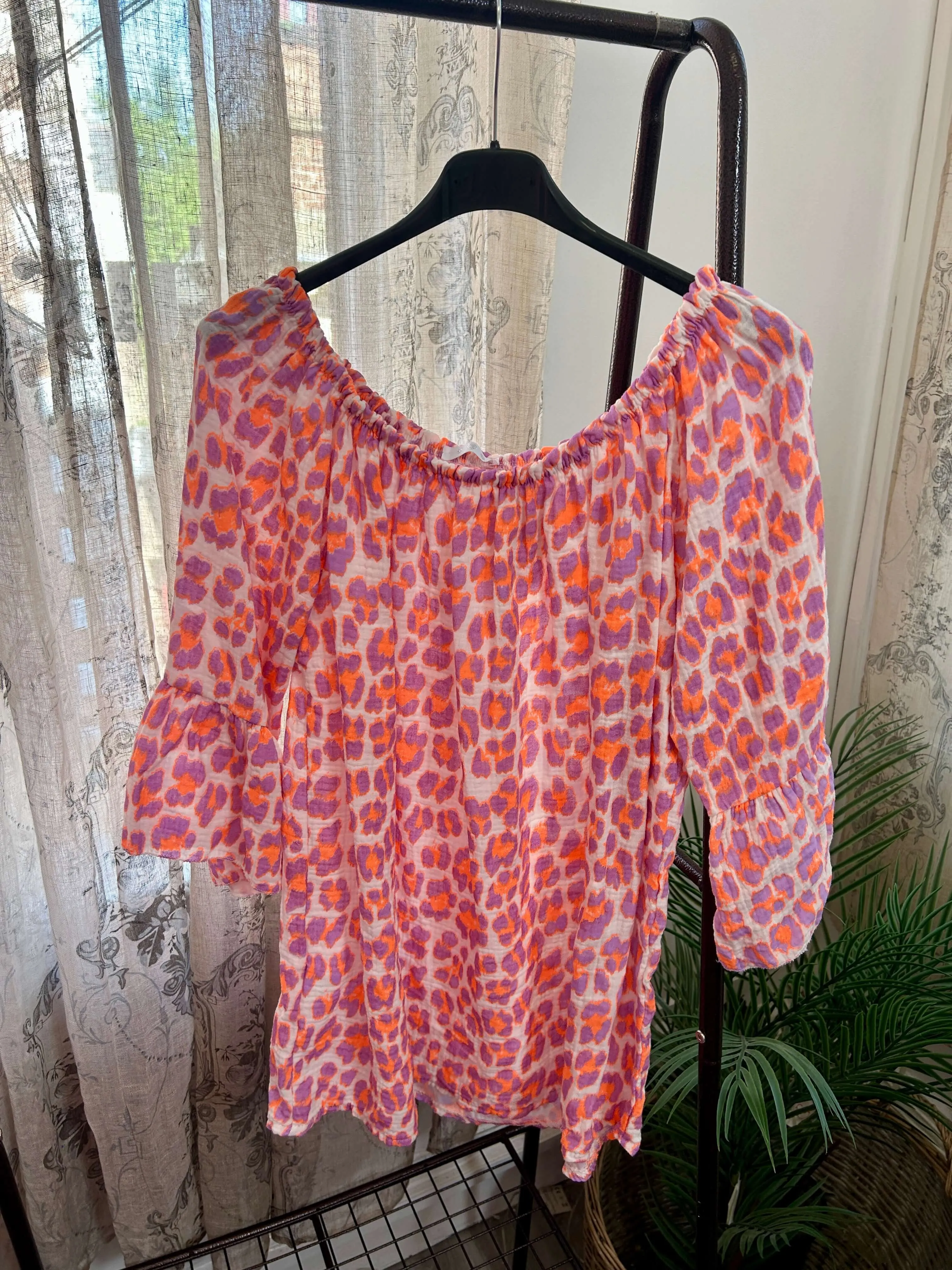 Leopard Print Cheesecloth Bardot Blouse