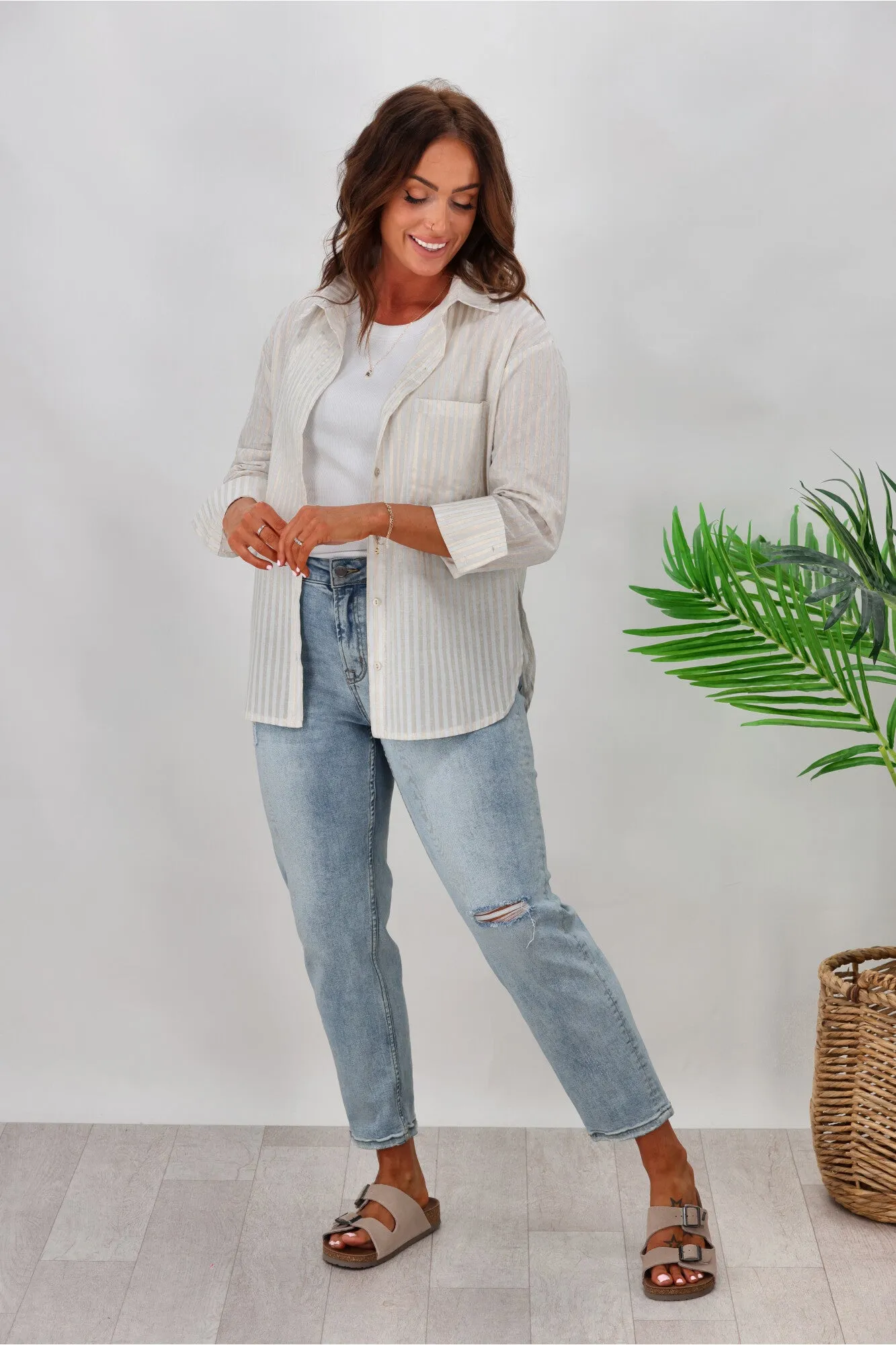 Miracle Stripe Cotton Shirt Beige