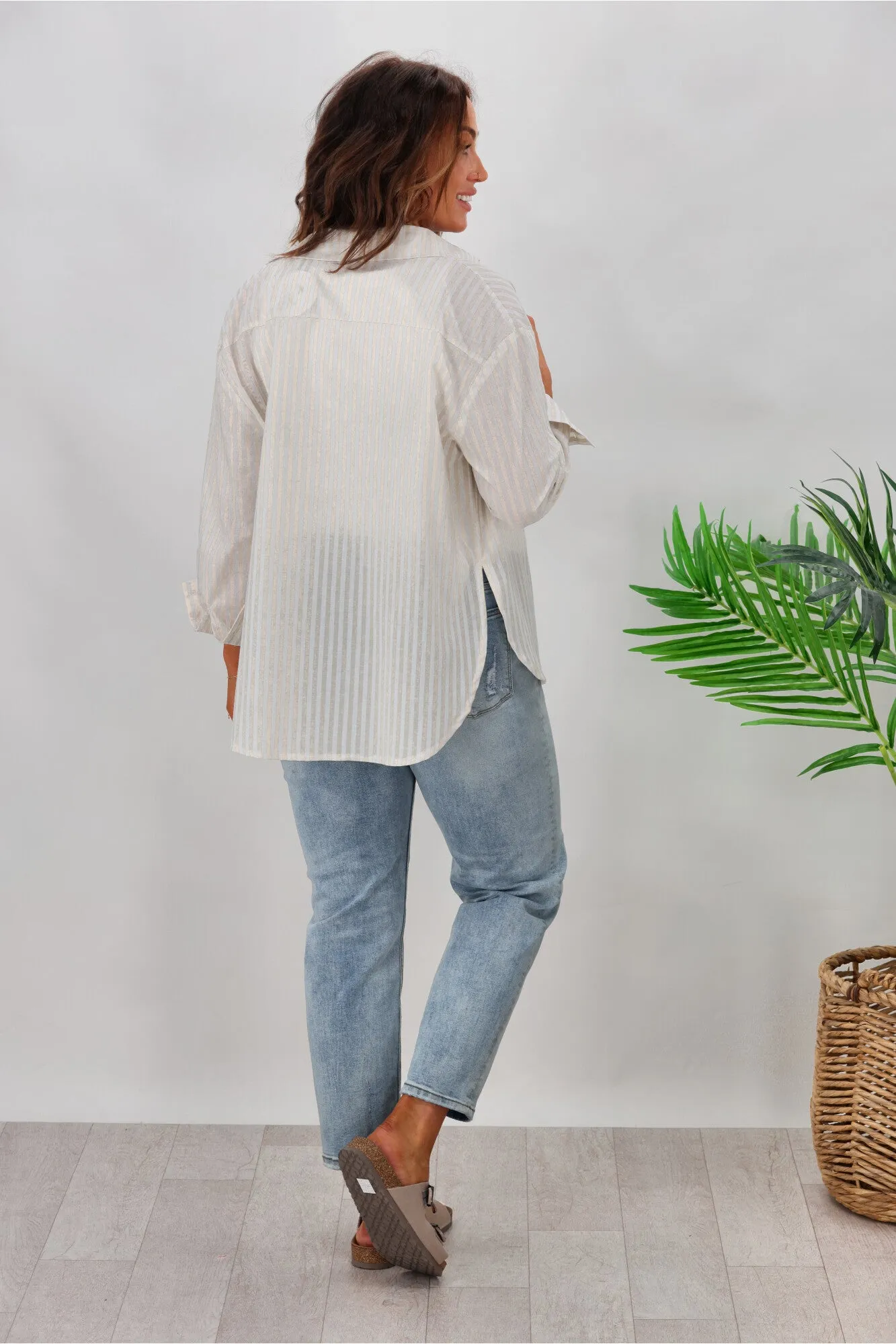 Miracle Stripe Cotton Shirt Beige