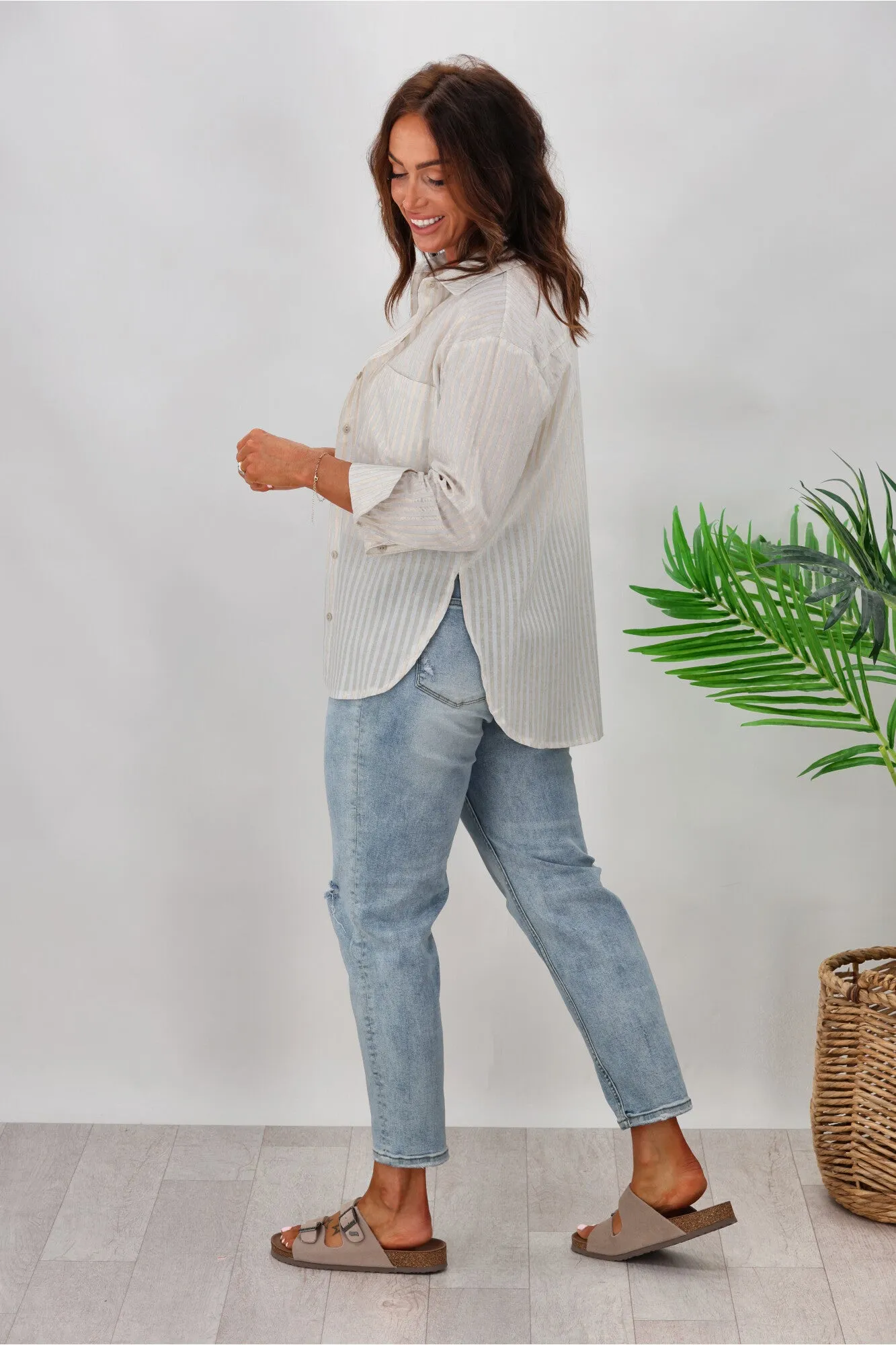 Miracle Stripe Cotton Shirt Beige