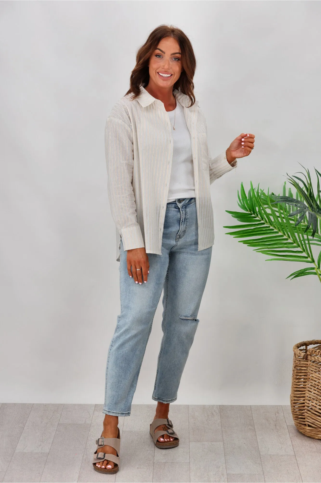 Miracle Stripe Cotton Shirt Beige