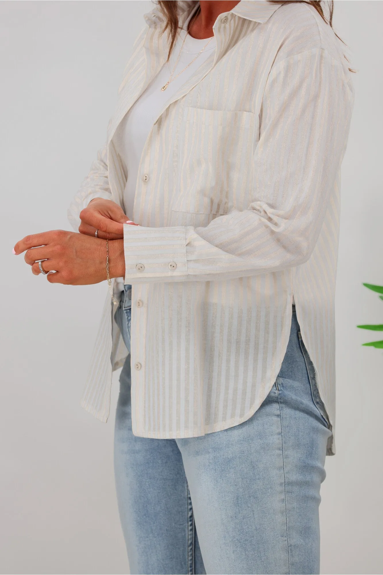 Miracle Stripe Cotton Shirt Beige