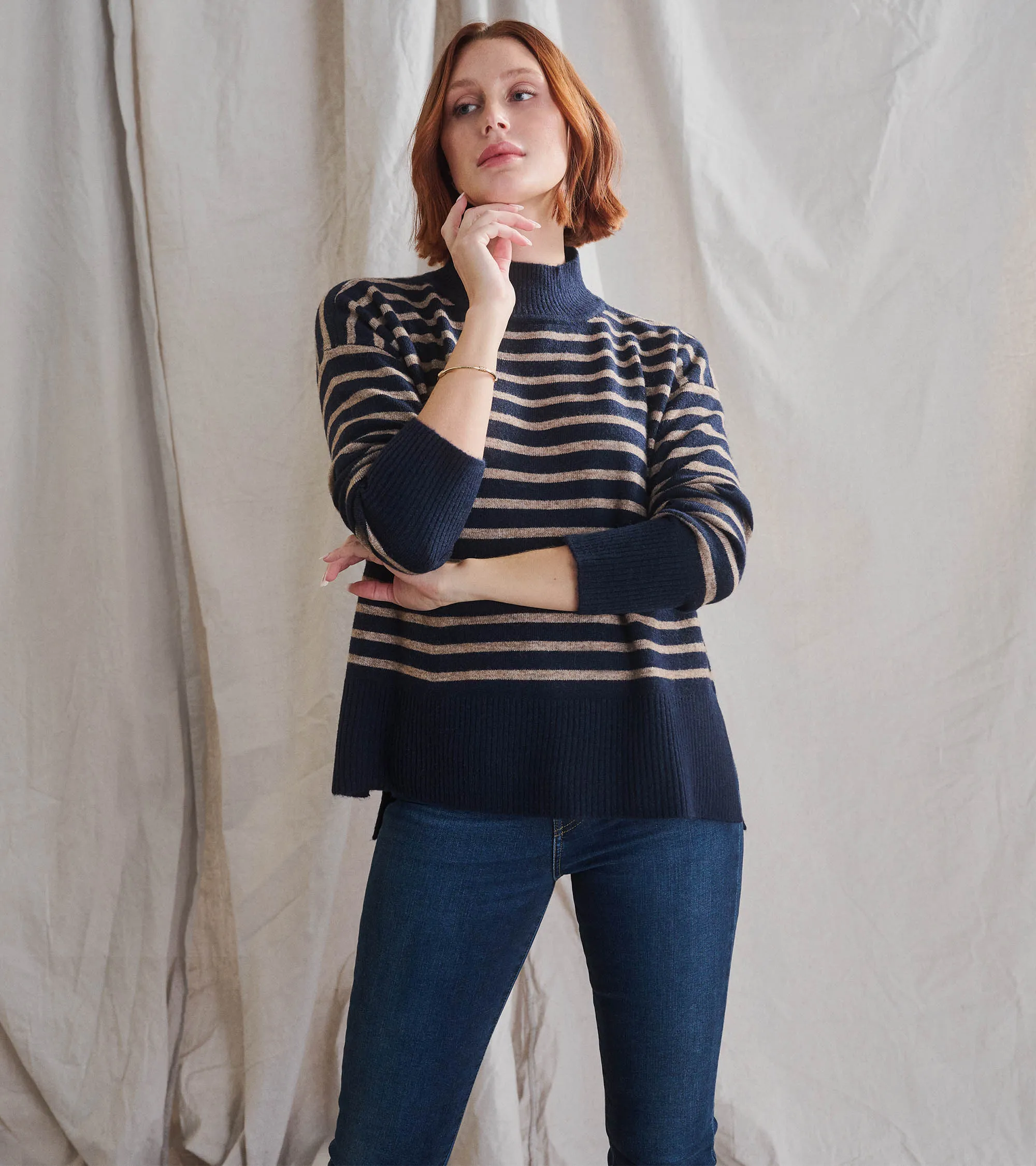 Mock Neck Tunic - Navy Taupe Stripes -Hatley