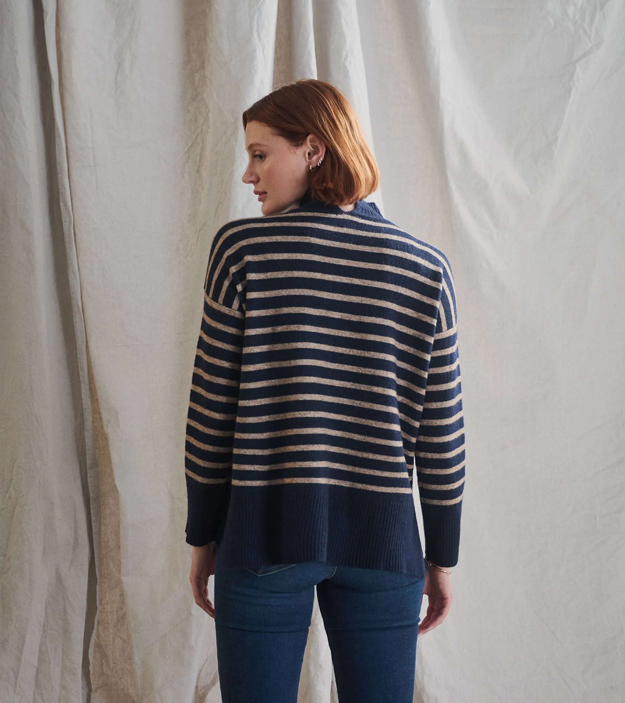 Mock Neck Tunic - Navy Taupe Stripes -Hatley
