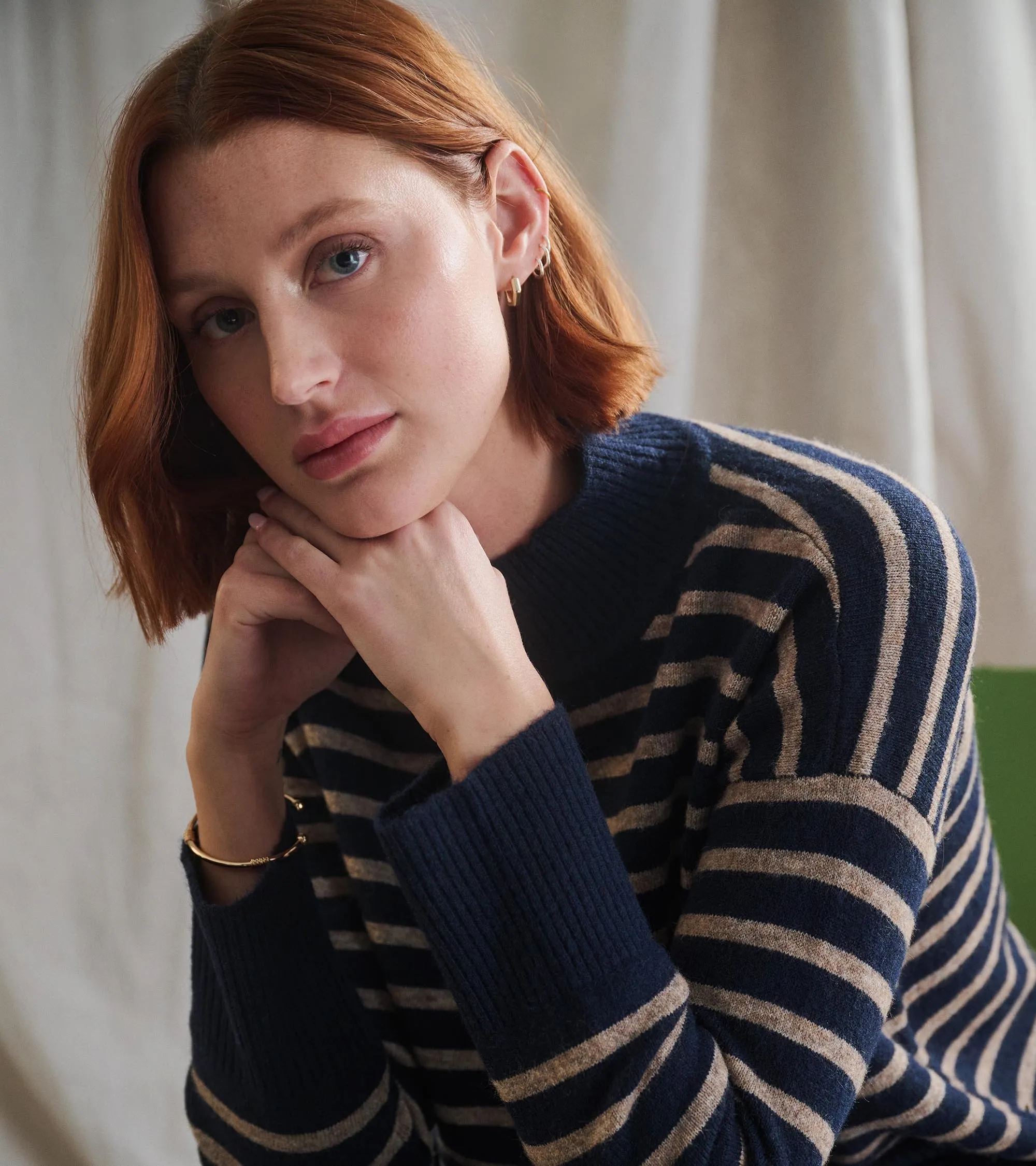 Mock Neck Tunic - Navy Taupe Stripes -Hatley