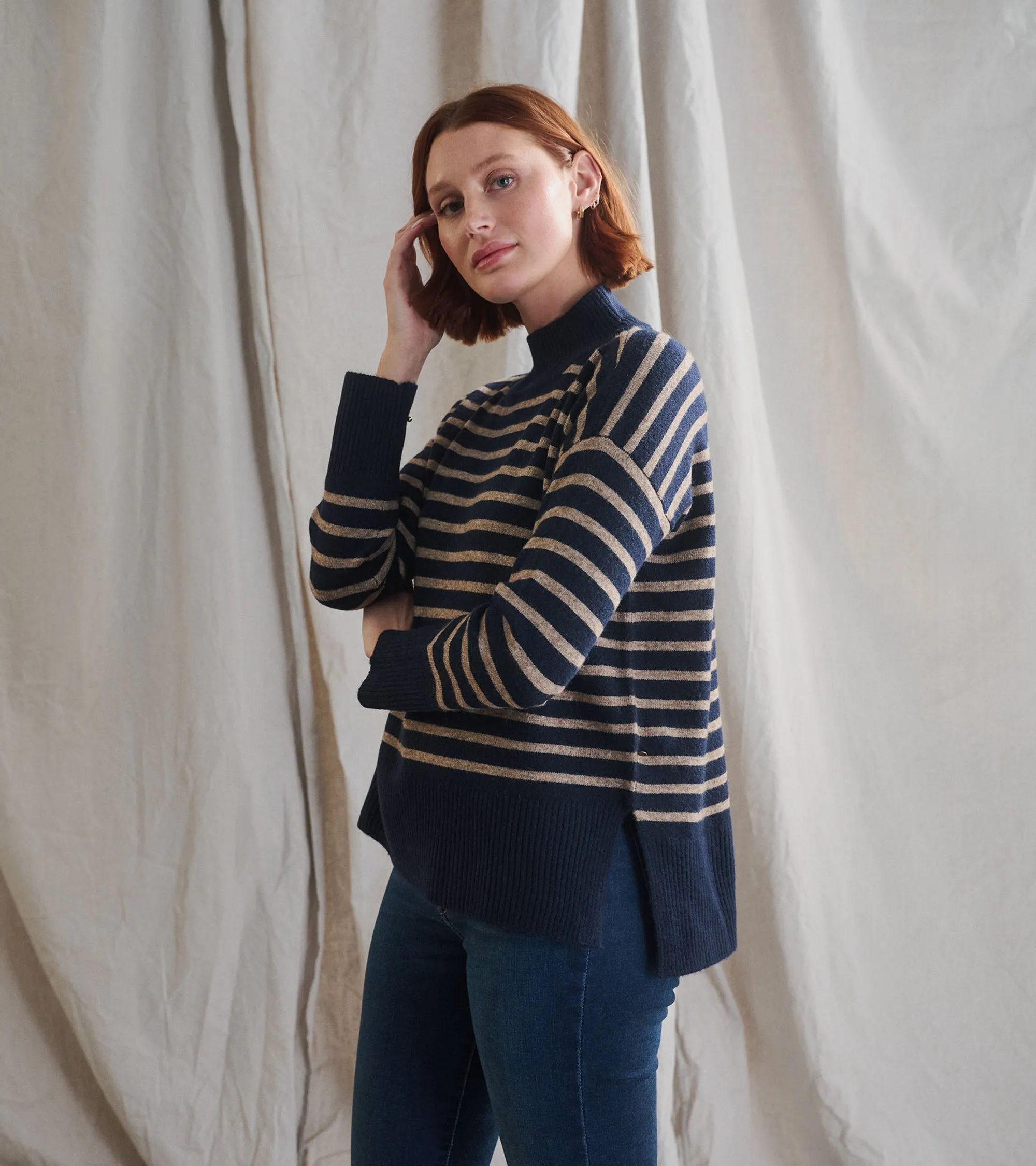 Mock Neck Tunic - Navy Taupe Stripes -Hatley