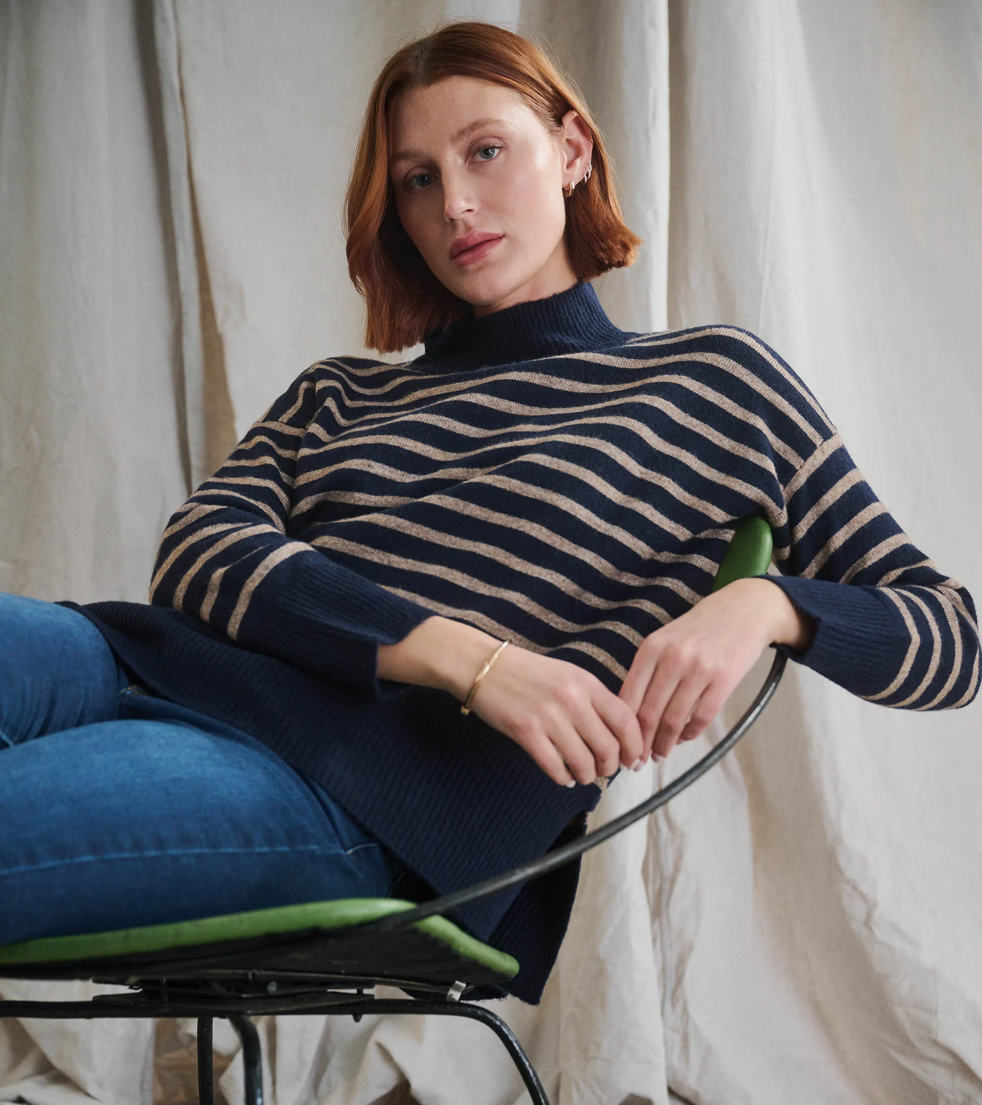 Mock Neck Tunic - Navy Taupe Stripes -Hatley