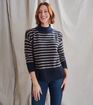 Mock Neck Tunic - Navy Taupe Stripes -Hatley