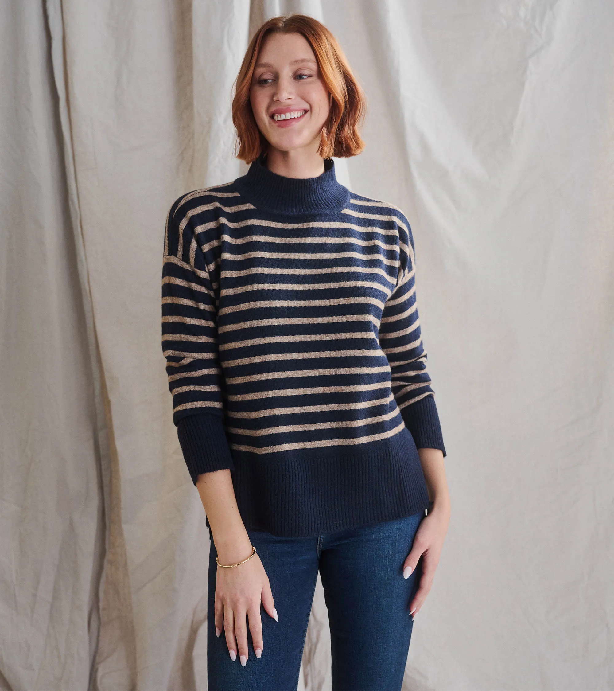 Mock Neck Tunic - Navy Taupe Stripes -Hatley