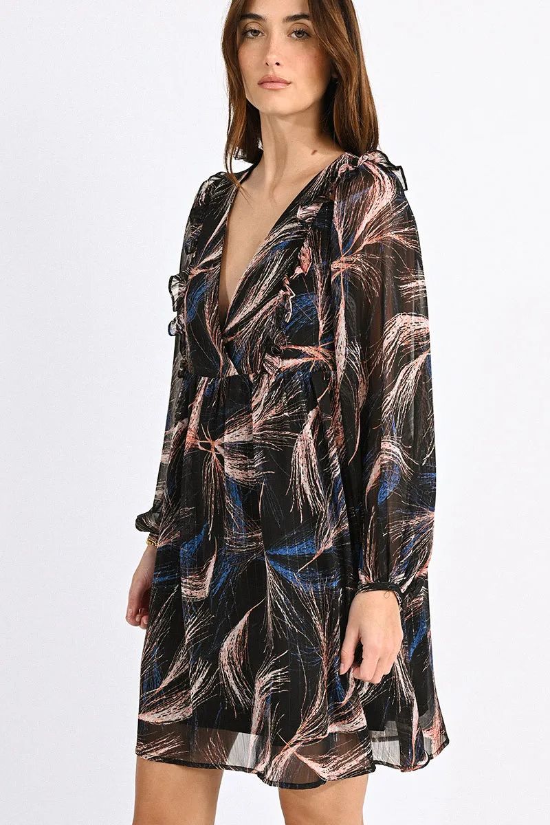 Molly Bracken V-Neck Swirl Mini Dress Black Lucie